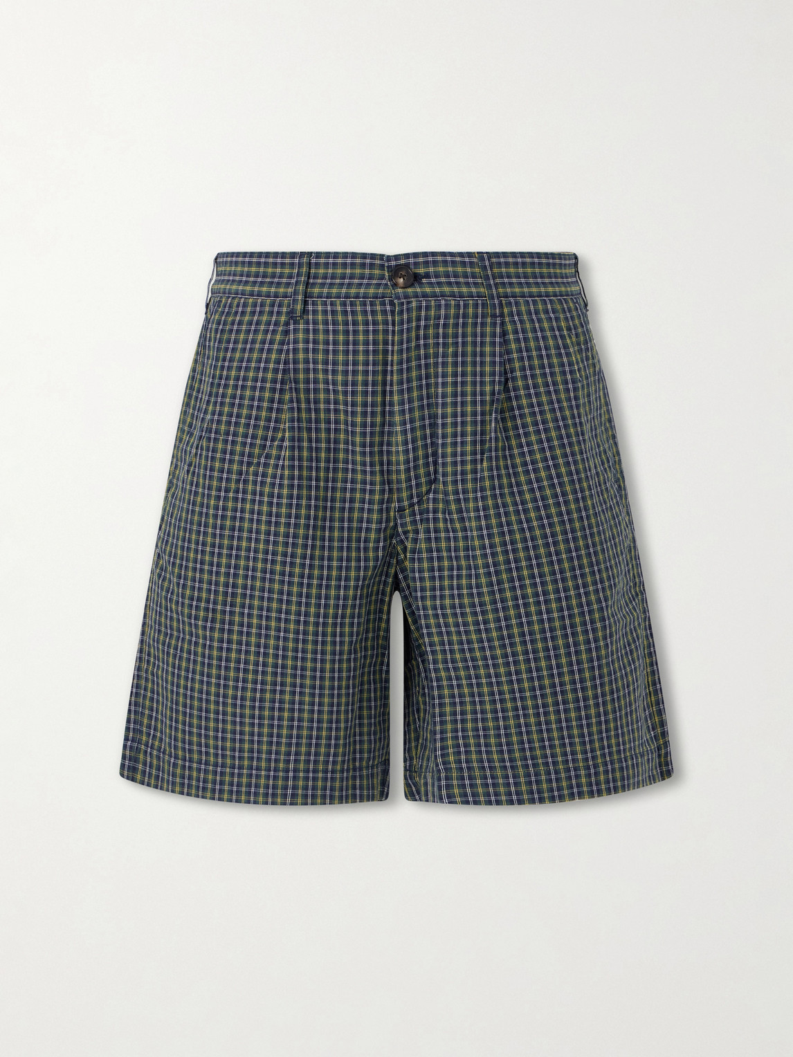 Noah Straight-leg Pleated Checked Cotton And Linen-blend Seersucker Shorts In Green