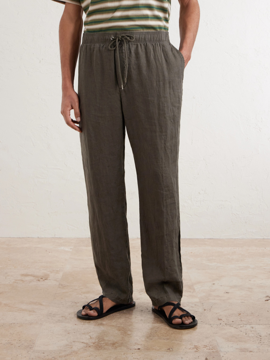 Straight-Leg Garment-Dyed Linen Drawstring Trousers