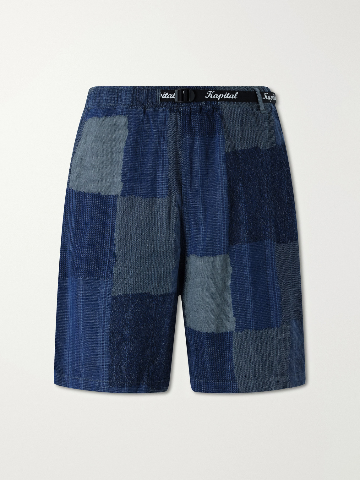 Kapital Tugihagi Straight-leg Belted Patchwork Cotton Shorts In Blue