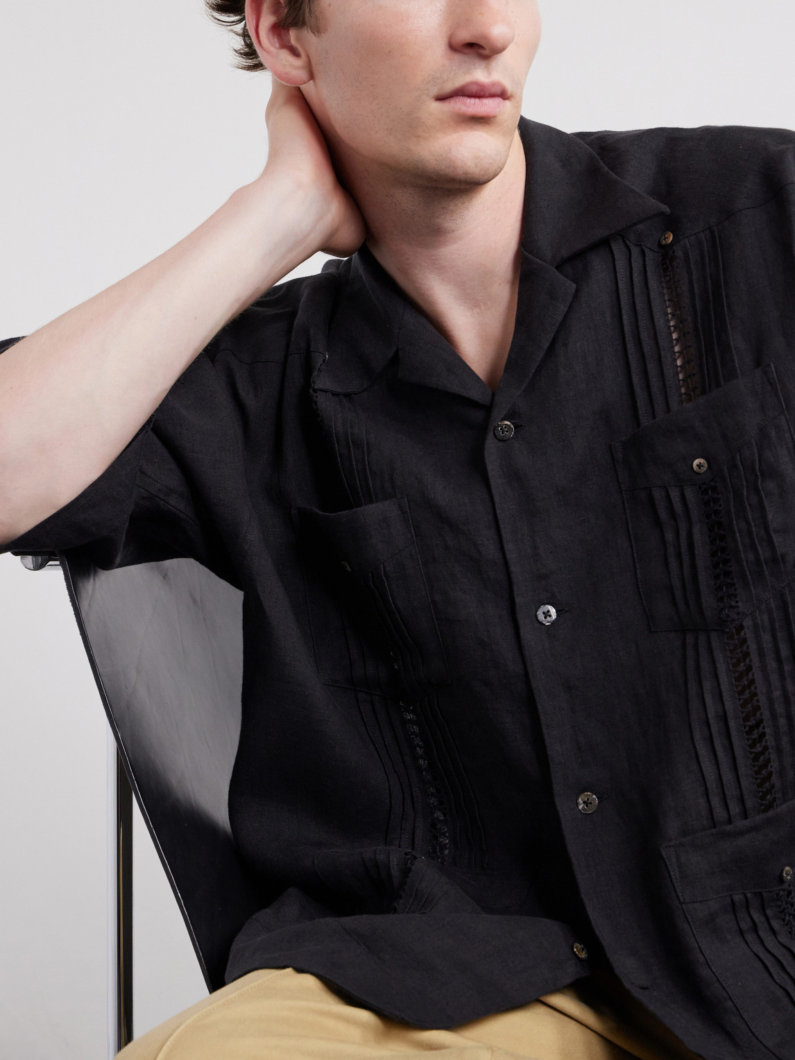 Camp-Collar Pleated Linen Shirt