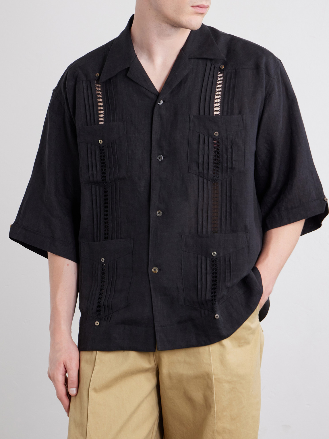 Camp-Collar Pleated Linen Shirt