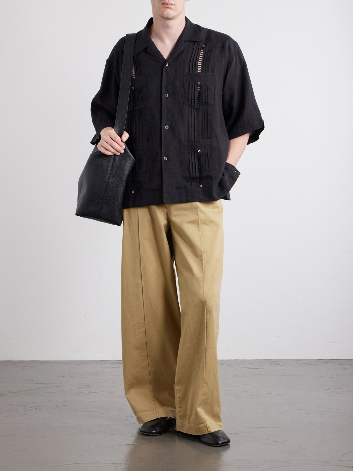 Camp-Collar Pleated Linen Shirt