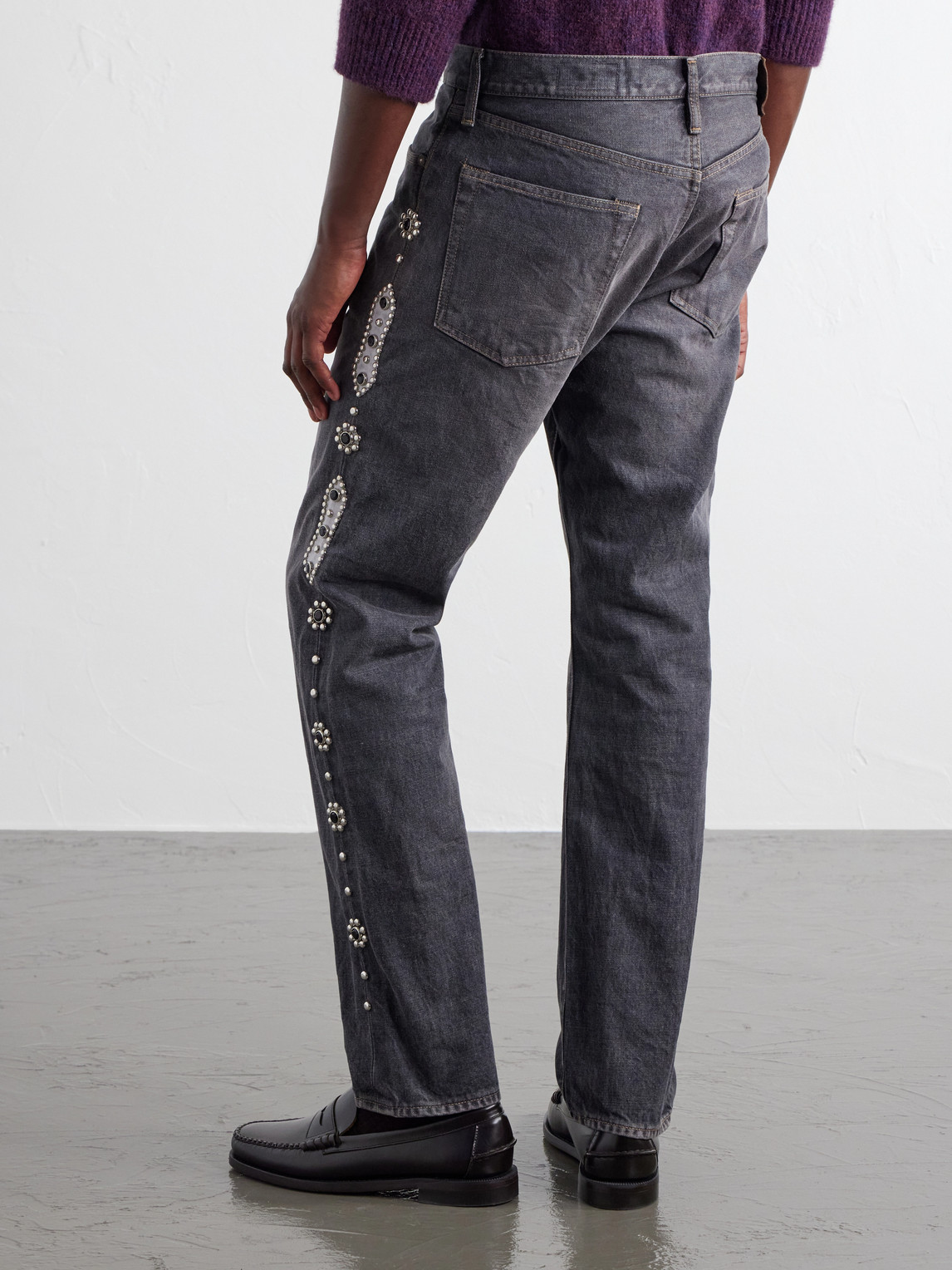 Monkey Cisco Straight-Leg Leather-Trimmed Embellished Jeans