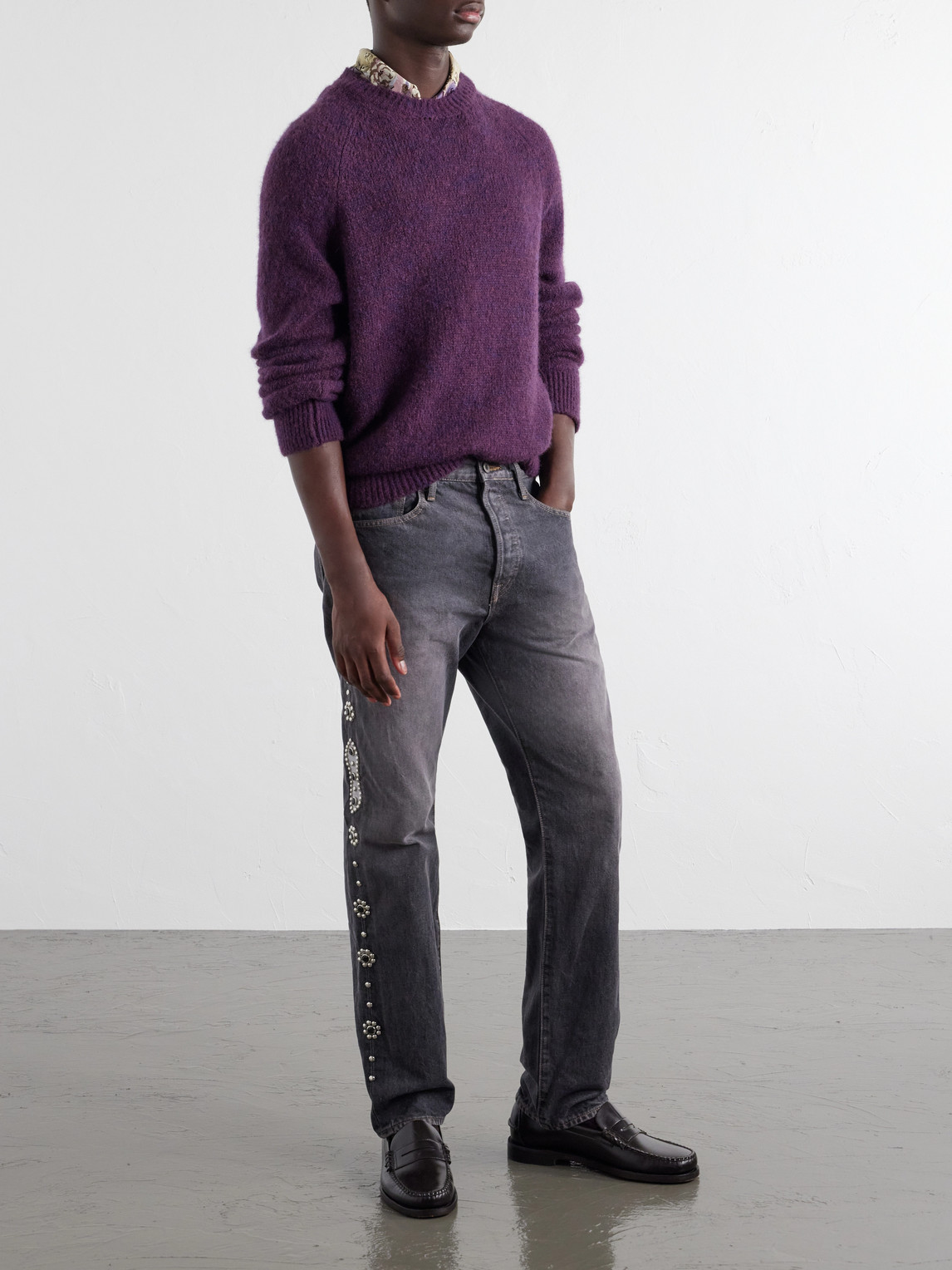 Monkey Cisco Straight-Leg Leather-Trimmed Embellished Jeans