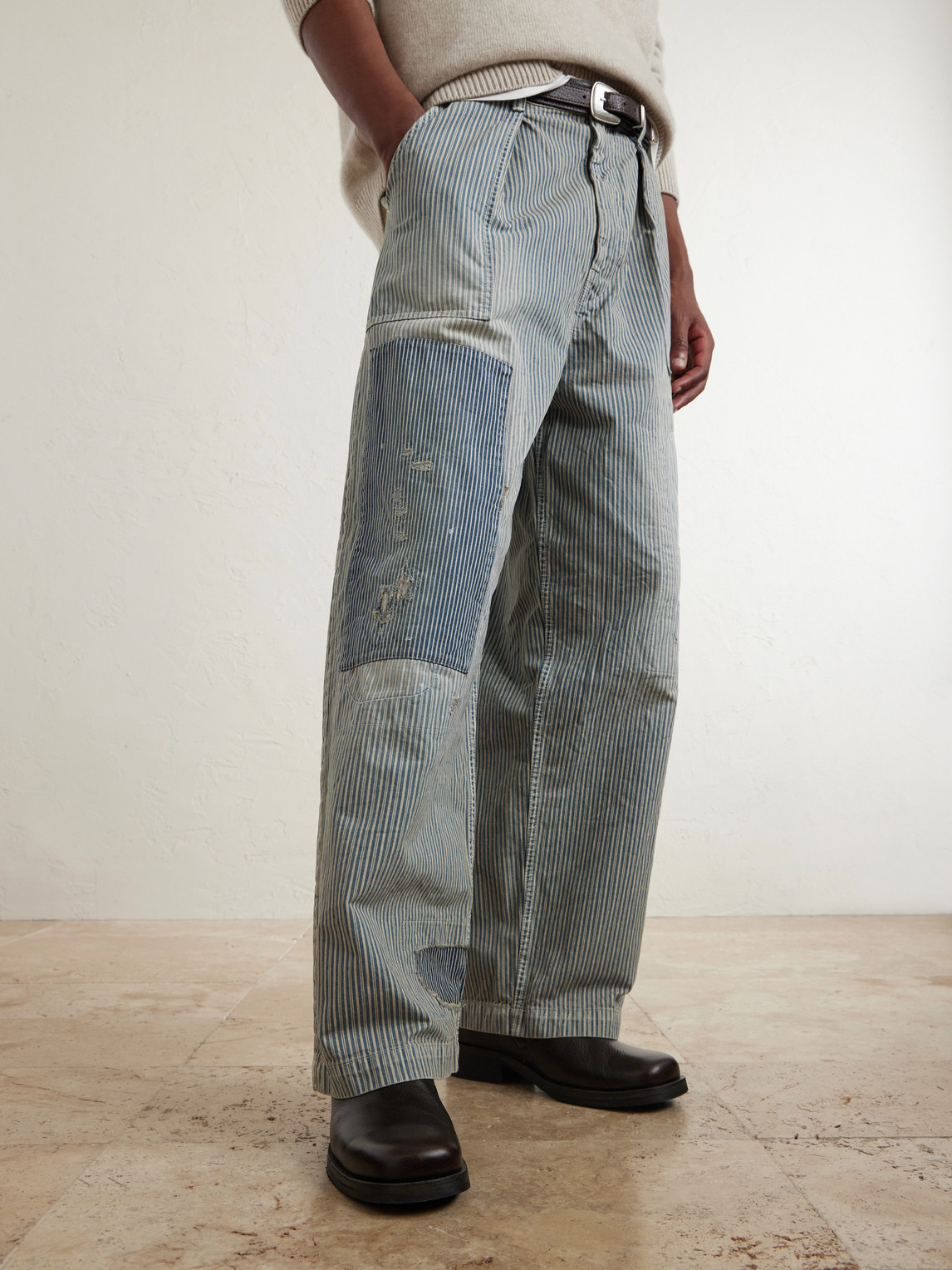 KAPITAL Liberty Hicoree Fatigue Wide-Leg Striped Distressed Patchwork Cotton-Twill Trousers - Men | Thumbnail 5 KAPITAL Liberty Hicoree Fatigue Wide-Leg Striped Distressed Patchwork Cotton-Twill Trousers - Men | Thumbnail 5