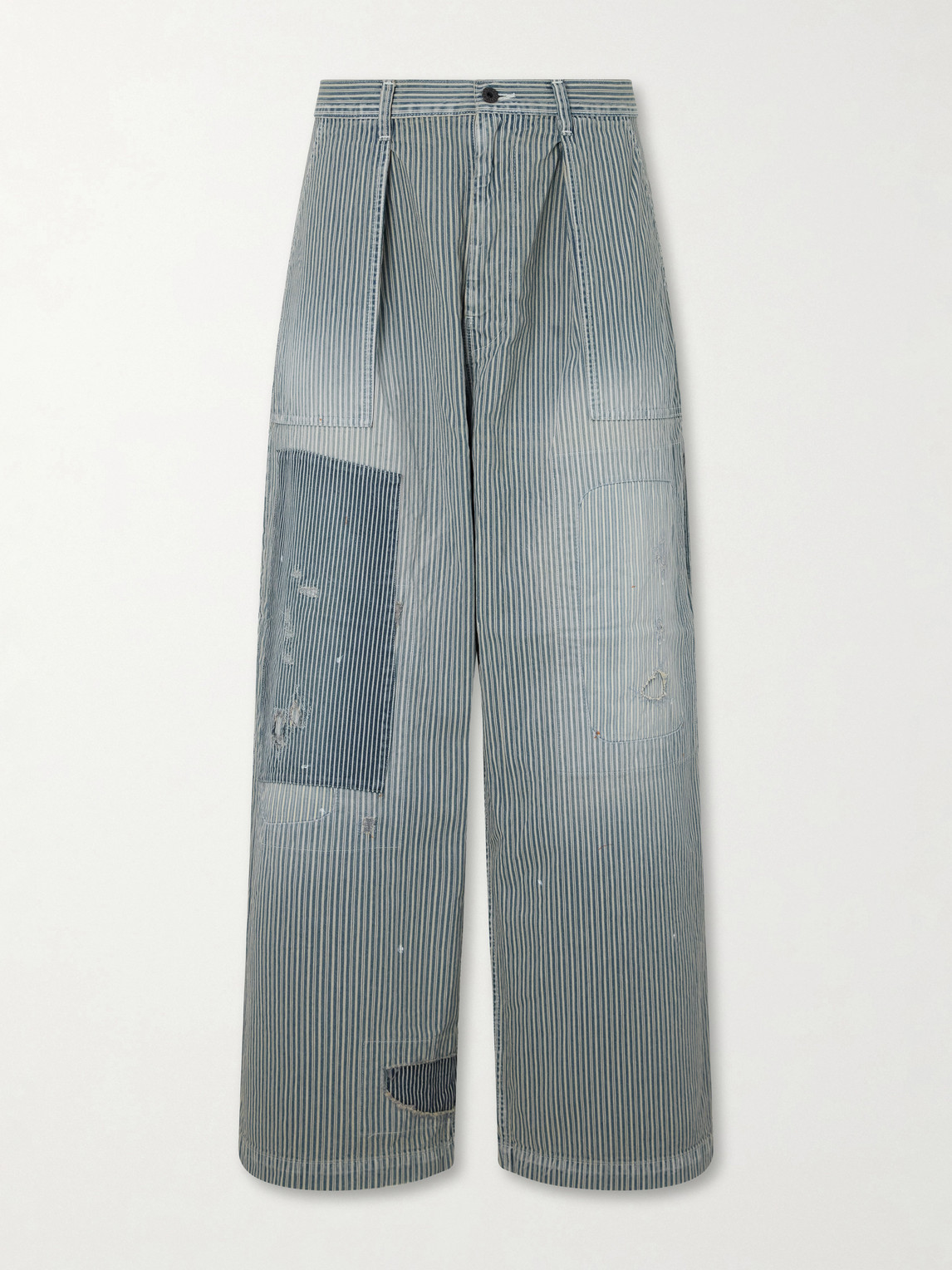 KAPITAL Liberty Hicoree Fatigue Wide-Leg Striped Distressed Patchwork Cotton-Twill Trousers - Men