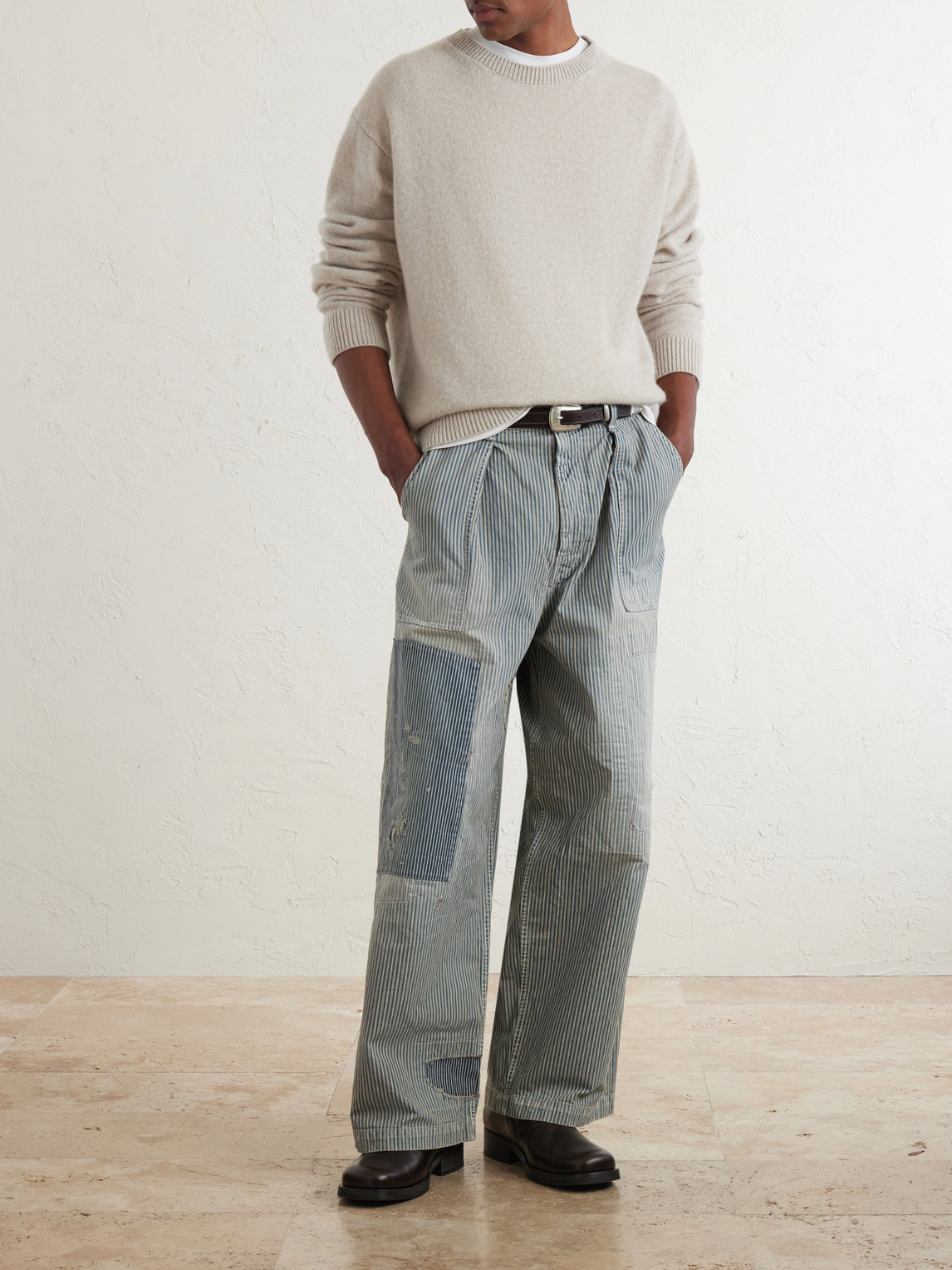 KAPITAL Liberty Hicoree Fatigue Wide-Leg Striped Distressed Patchwork Cotton-Twill Trousers - Men | Thumbnail 2 KAPITAL Liberty Hicoree Fatigue Wide-Leg Striped Distressed Patchwork Cotton-Twill Trousers - Men | Thumbnail 2