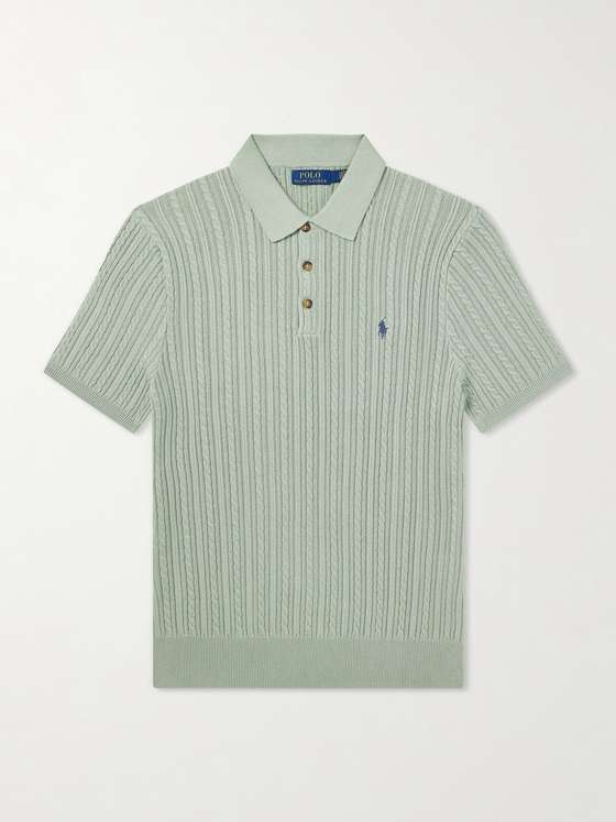 Polo Ralph Lauren Logo-Embroidered Cable-Knit Cotton Polo Shirt Light Green