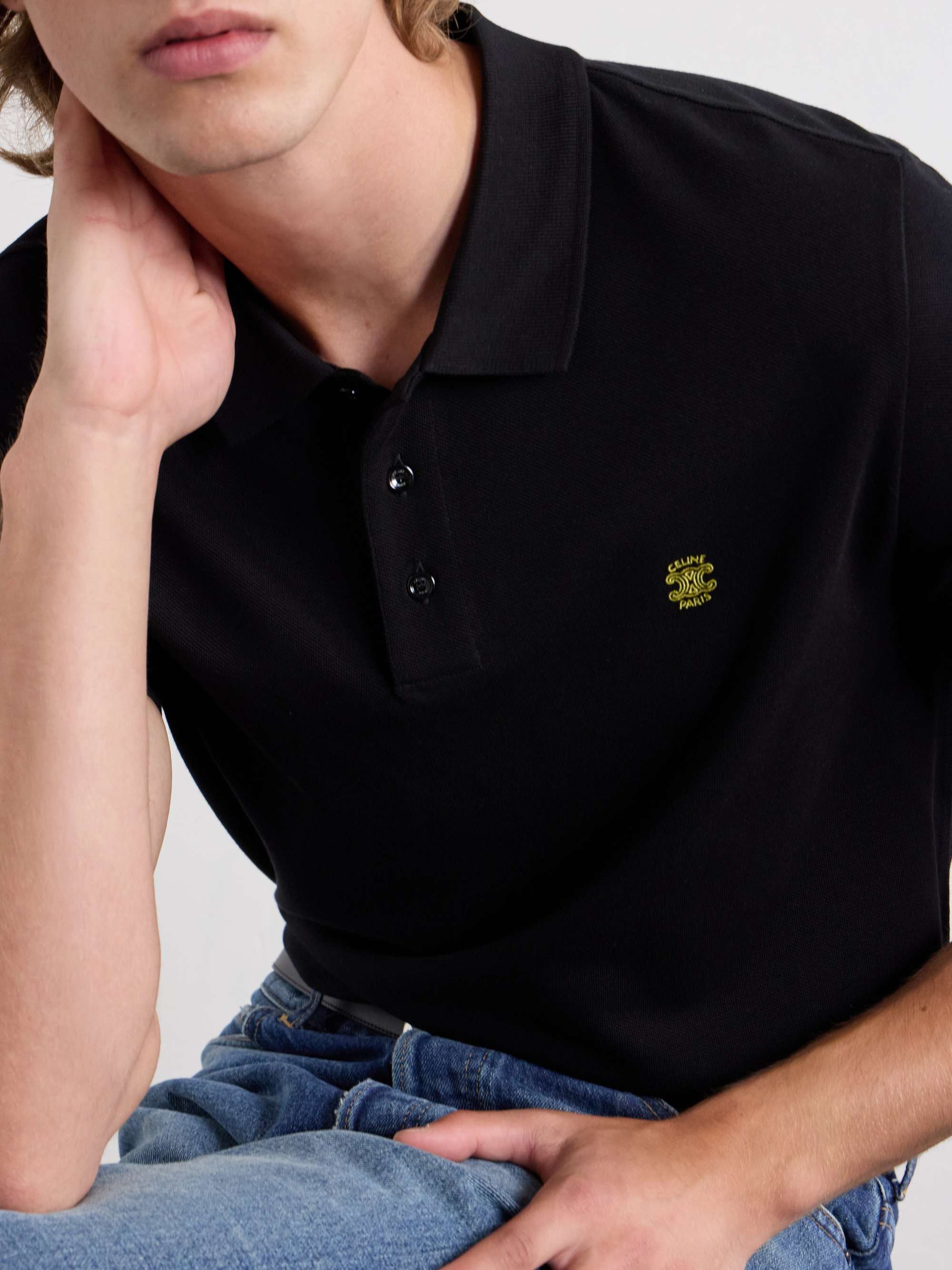 CELINE Triomphe-Embroidered Cotton-Piqué Polo Shirt for Men | MR