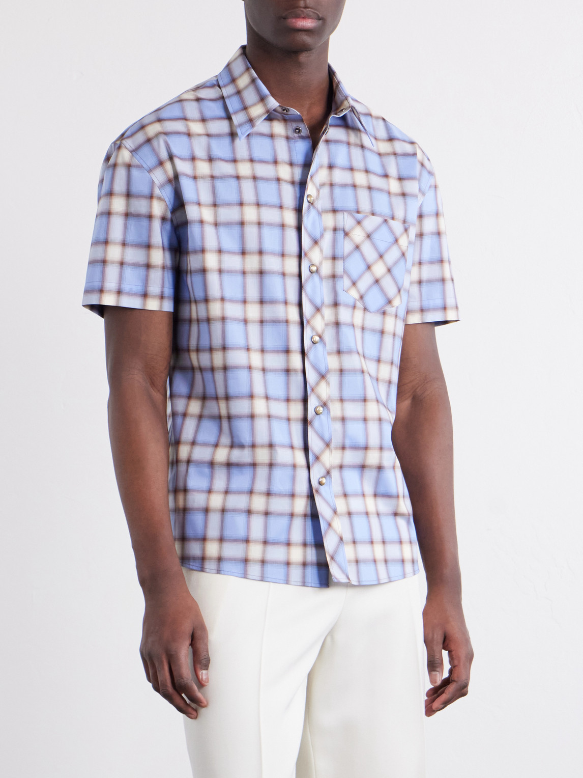  Versace - Checked Cotton-poplin Shirt - Men - Blue - It 46 