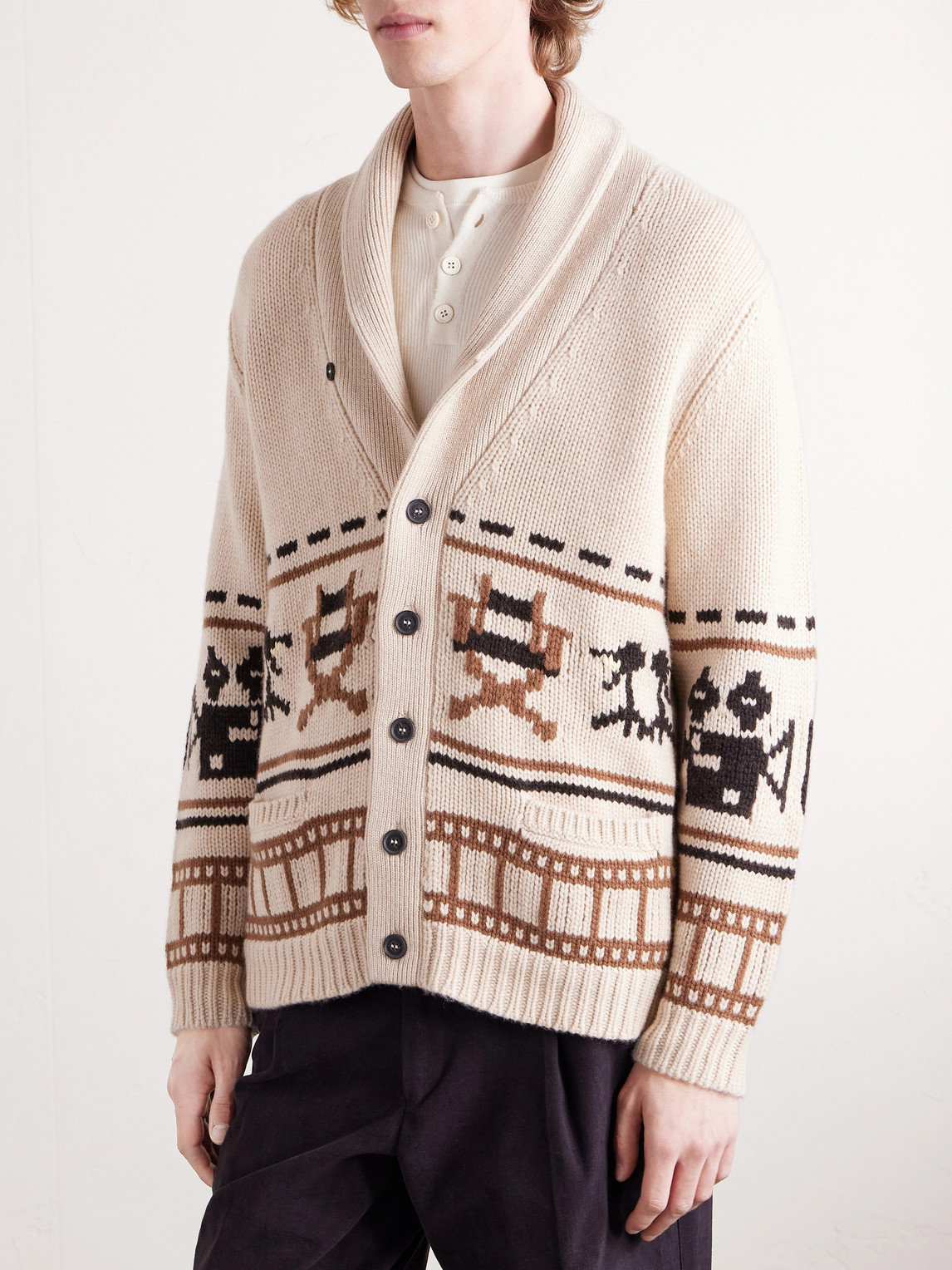  N.peal - Hollywood Authentic Intarsia Organic Cashmere Cardigan - Men - Neutrals - S 