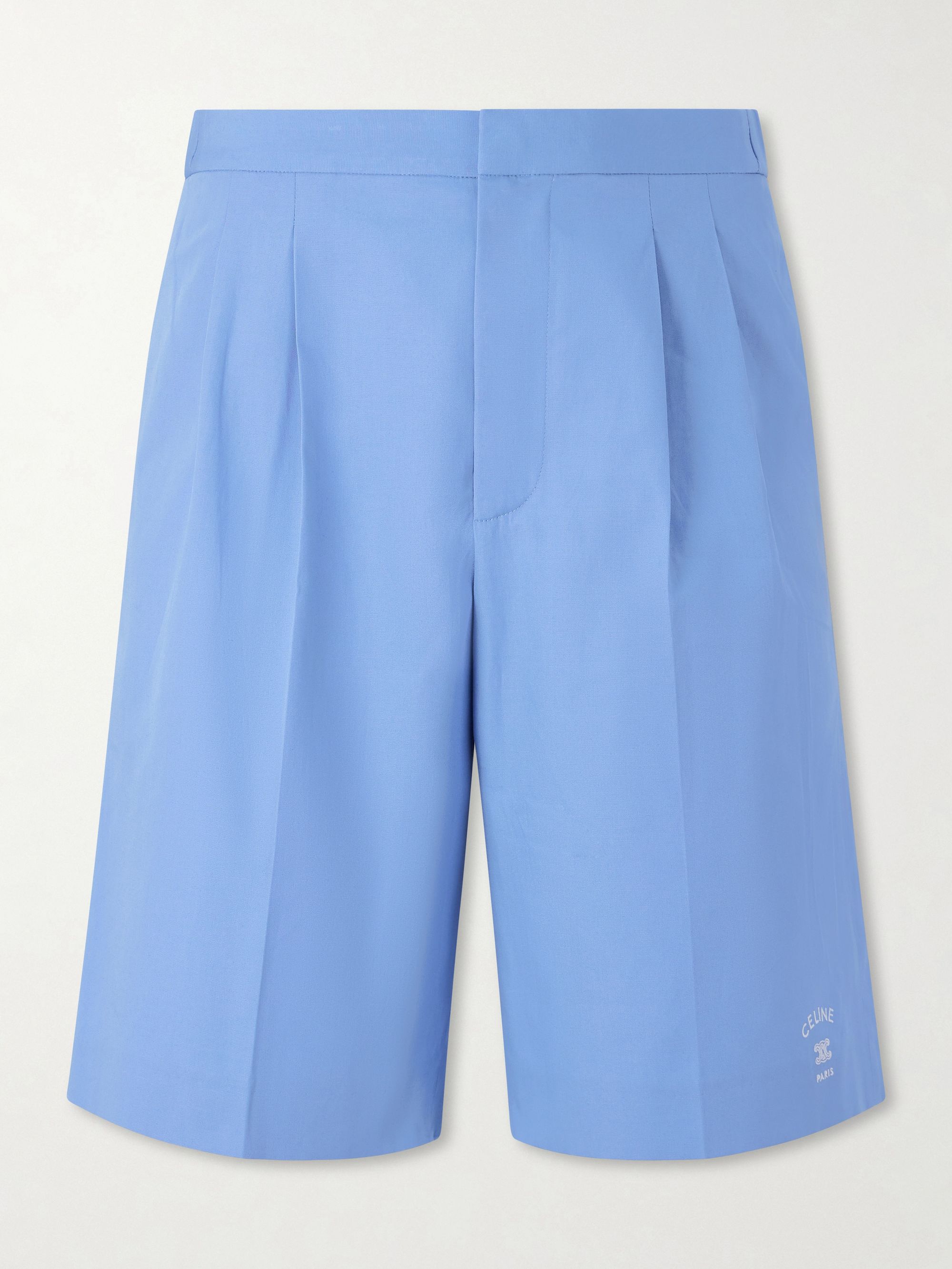 CELINE Wide-Leg Pleated Cotton and Linen-Blend Shorts