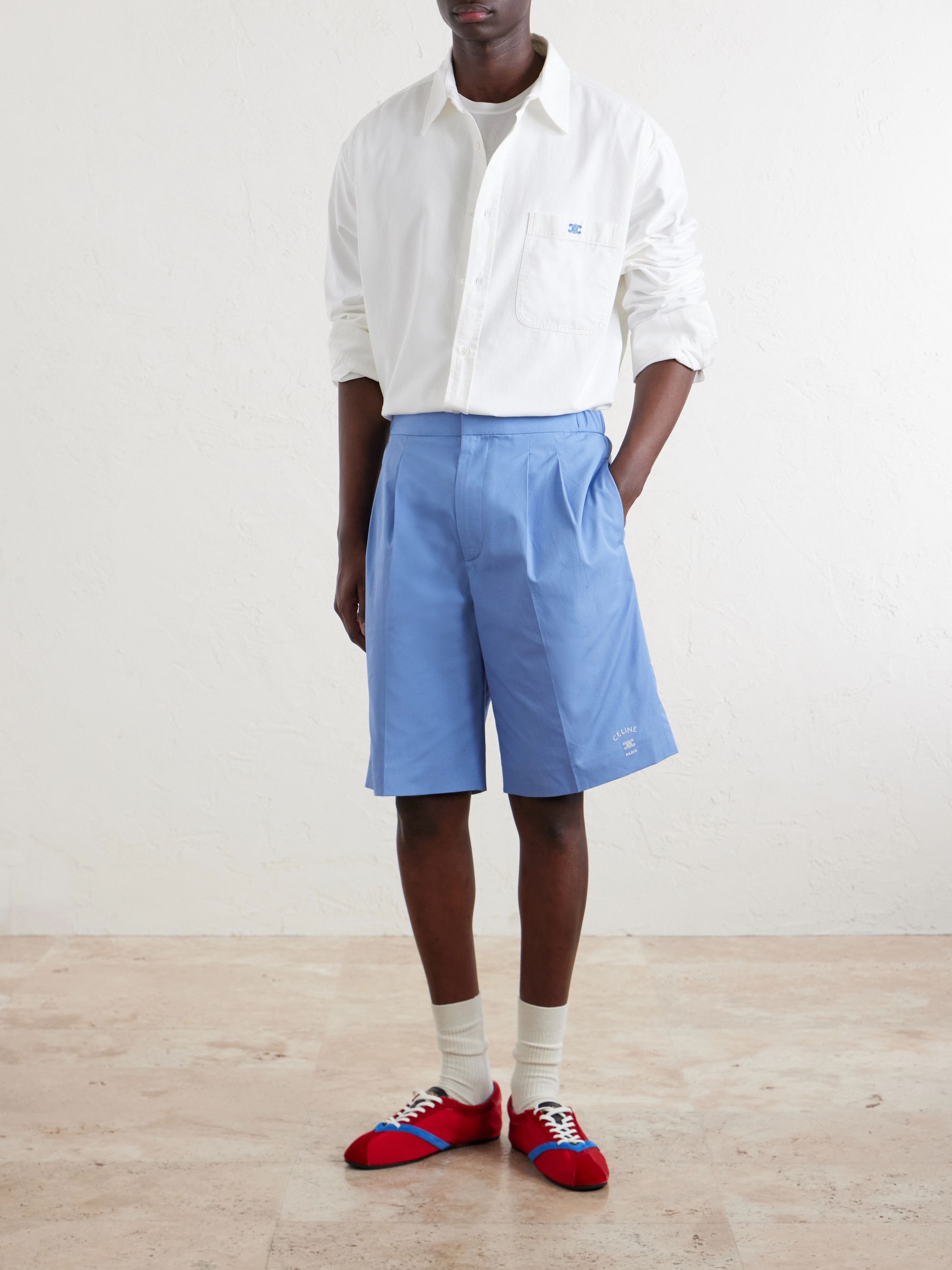 CELINE Wide-Leg Pleated Cotton and Linen-Blend Shorts