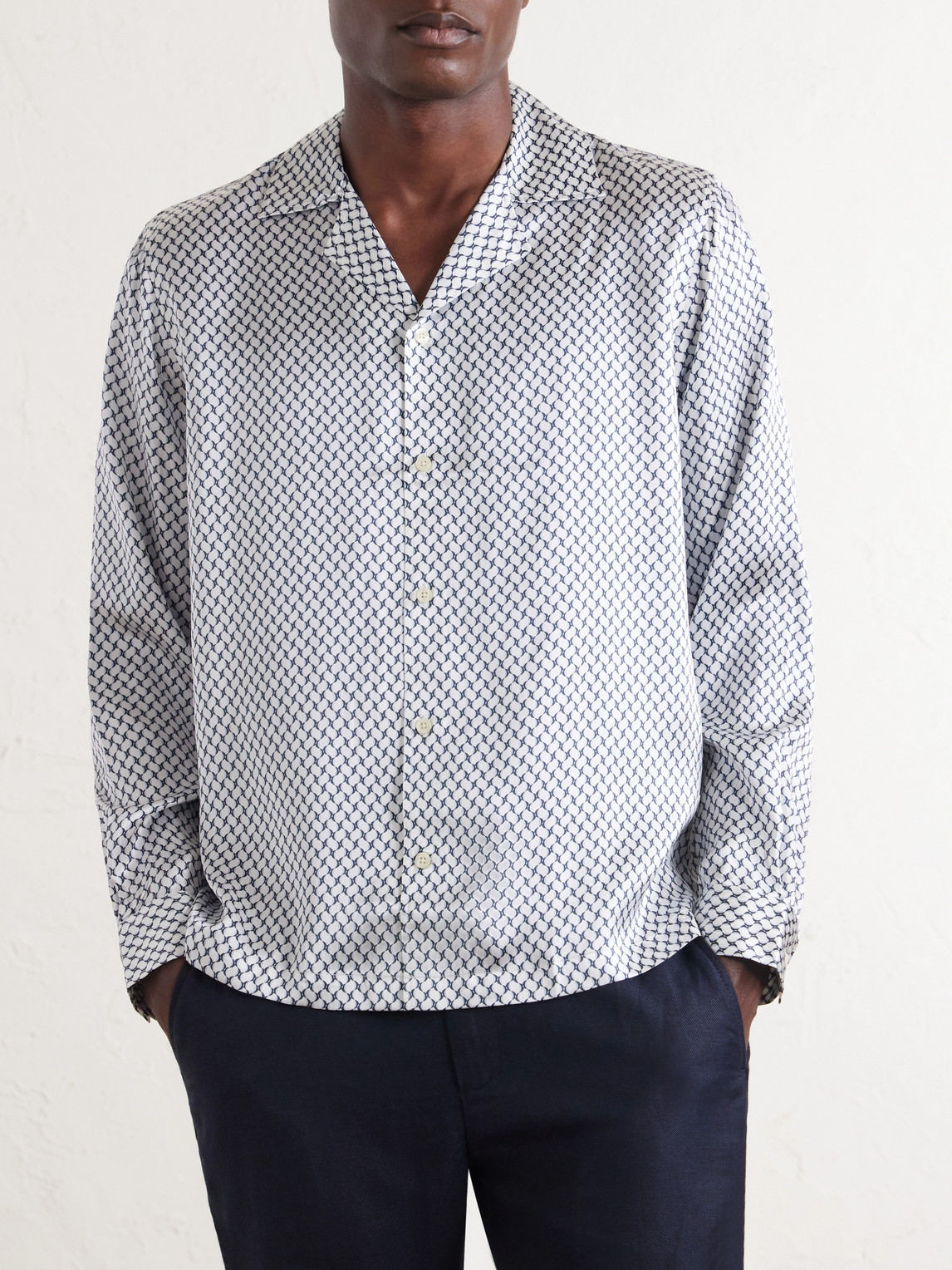 Safra Camp-Collar Printed Silk-Satin Shirt