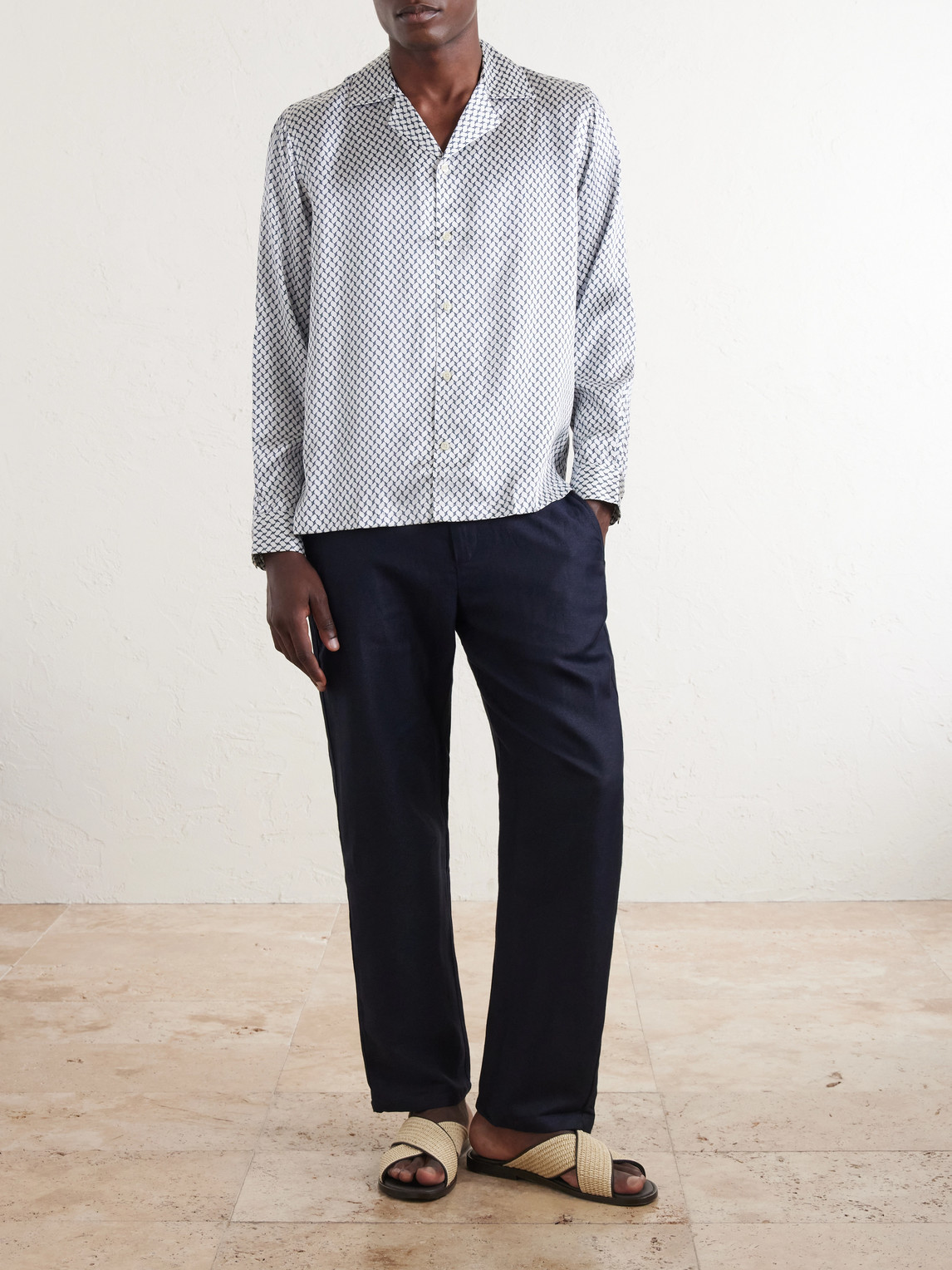 Safra Camp-Collar Printed Silk-Satin Shirt