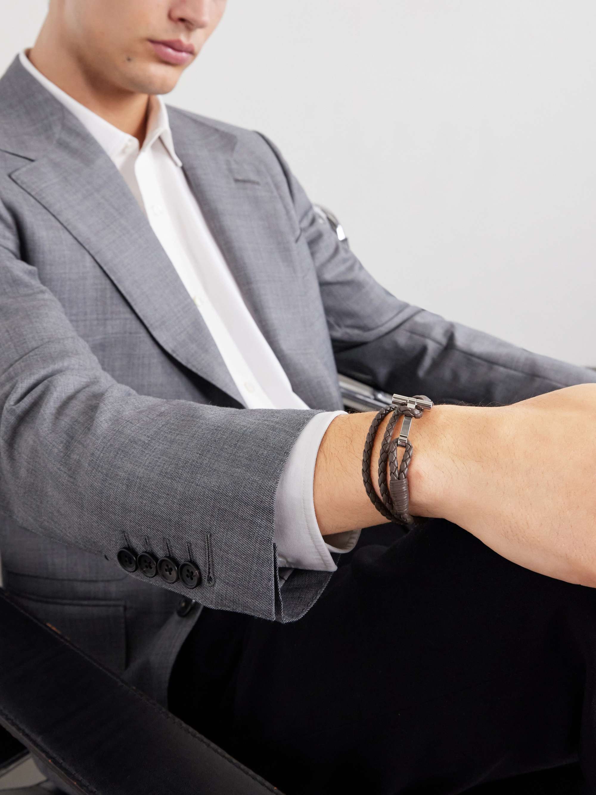 TOM FORD Woven Leather and Silver-Tone Wrap Bracelet