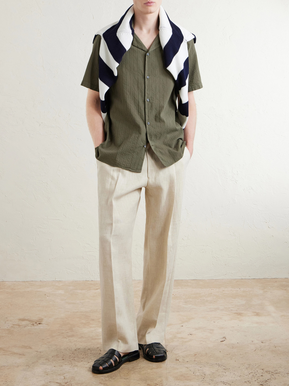 Kay 1454 Straight-Leg Pleated Linen Trousers