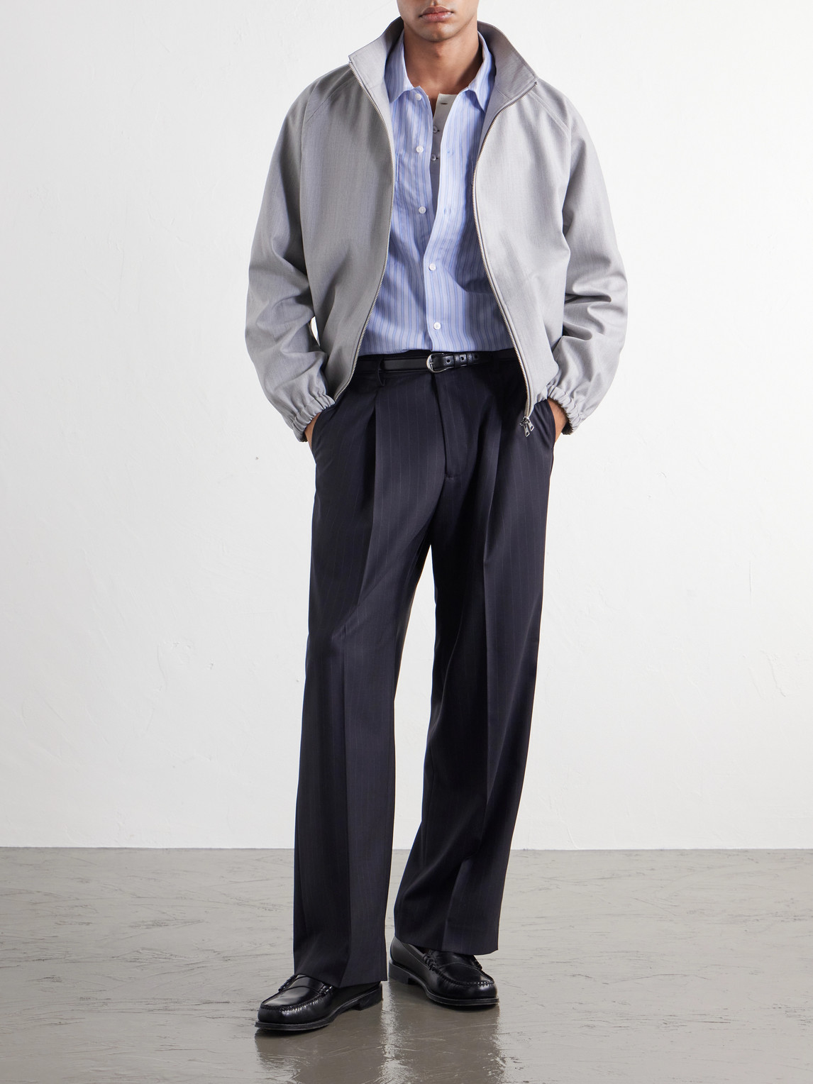 Kay 10037 Wide-Leg Pleated Pinstriped Woven Trousers