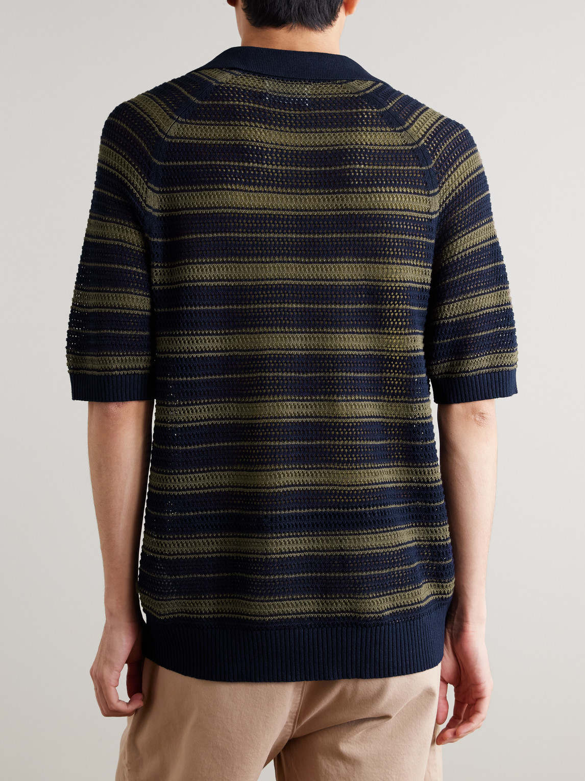 Cale 60056 Striped Pointelle-Knit Linen And Cotton-Blend Polo Shirt