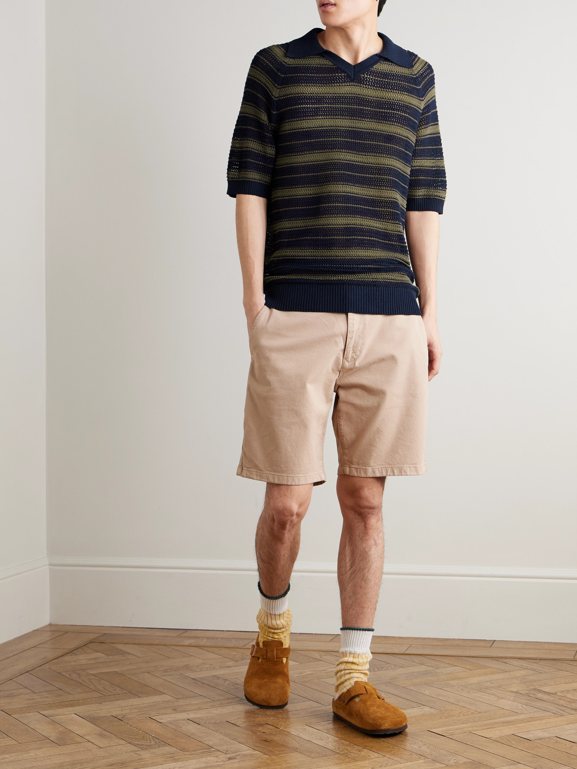 Cale 60056 Striped Pointelle-Knit Linen And Cotton-Blend Polo Shirt