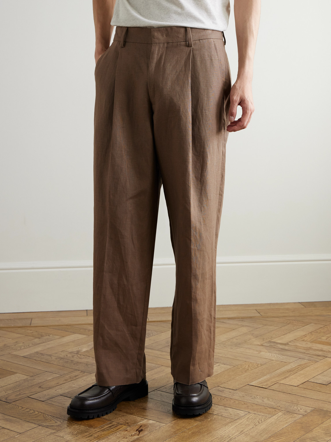 Kay 1454 Straight-Leg Pleated Linen Trousers