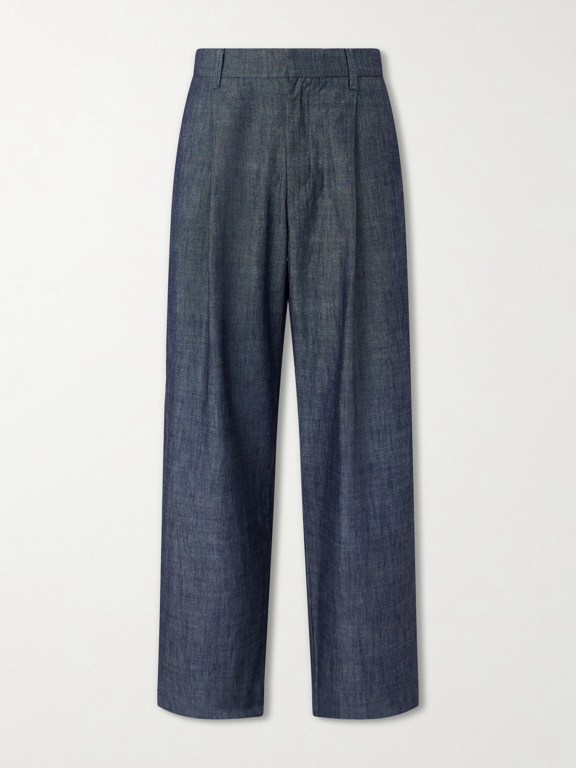 Nn07 Kay 10056 Straight-leg Pleated Organic Cotton-chambray Trousers In Blue