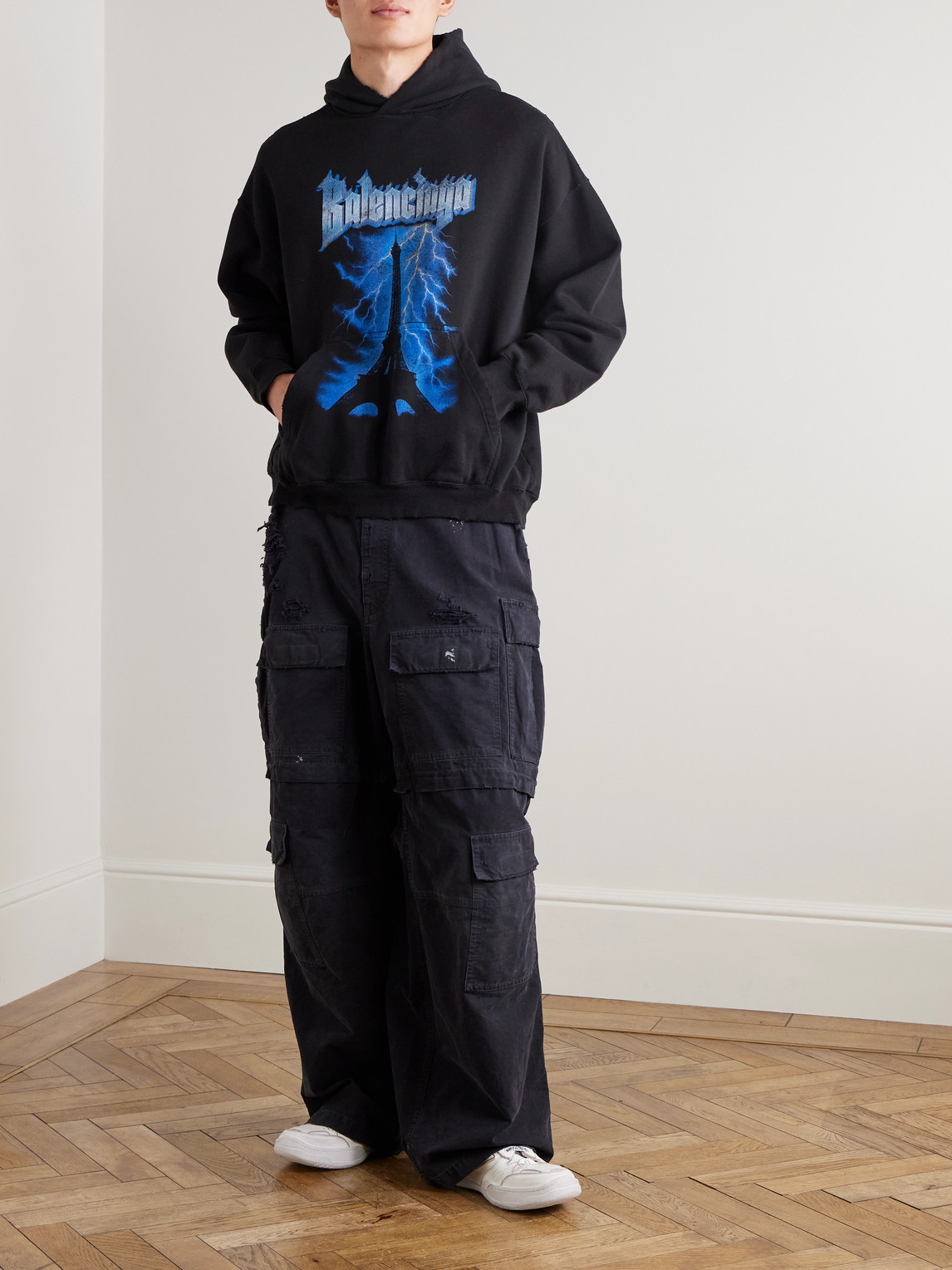 Paris Thunderstorm Distressed Logo-Print Cotton-Jersey Hoodie
