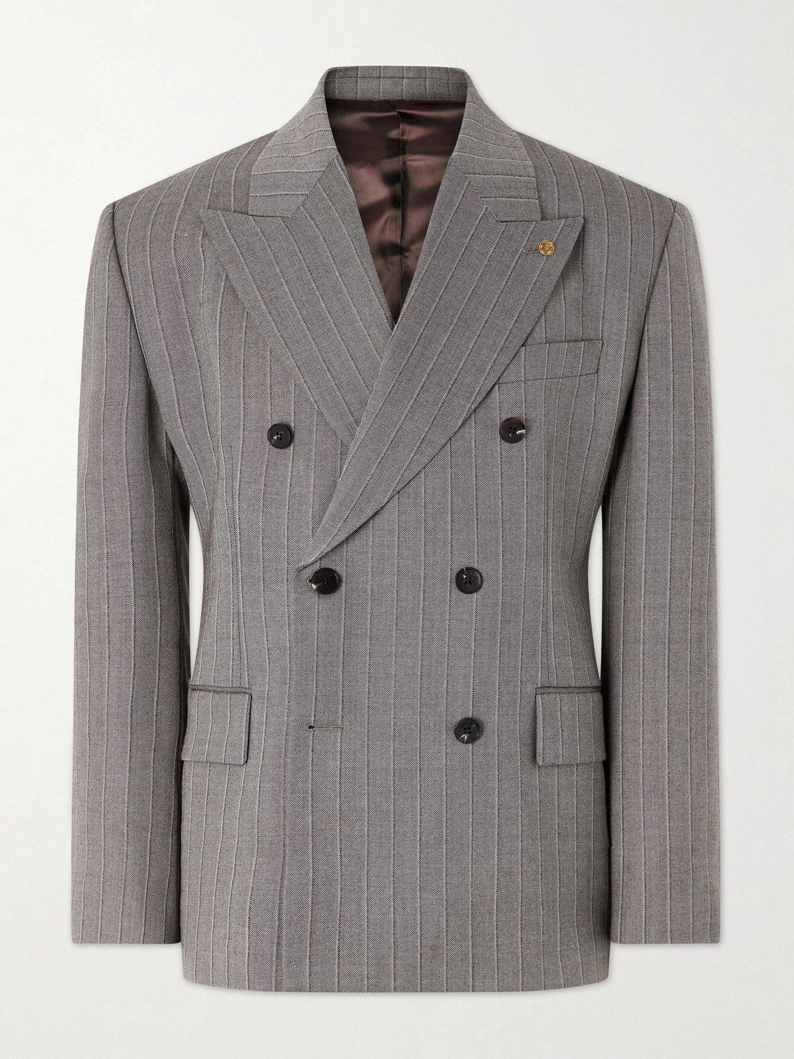 Versace Double-breasted Pinstriped Wool-twill Blazer In Gray