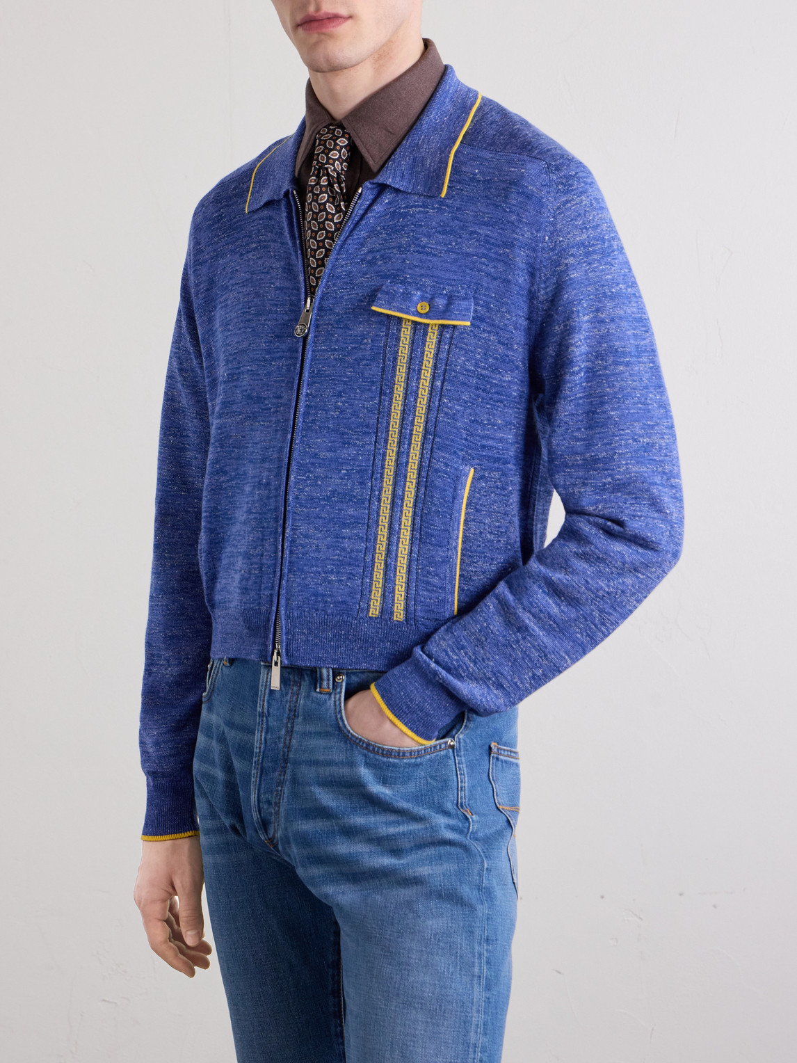  Versace - Mouliné Zip-up Cardigan - Men - Blue - It 46 
