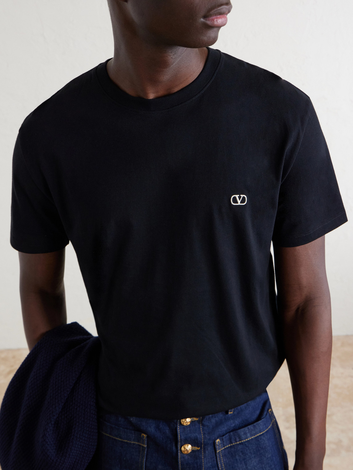 Valentino Logo-embroidered Cotton-jersey T-shirt In Black