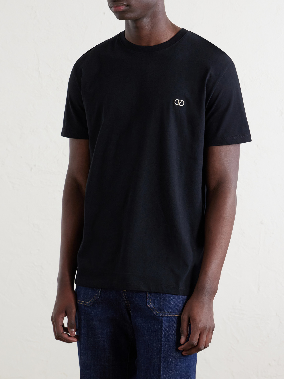 Valentino Logo-embroidered Cotton-jersey T-shirt In Black
