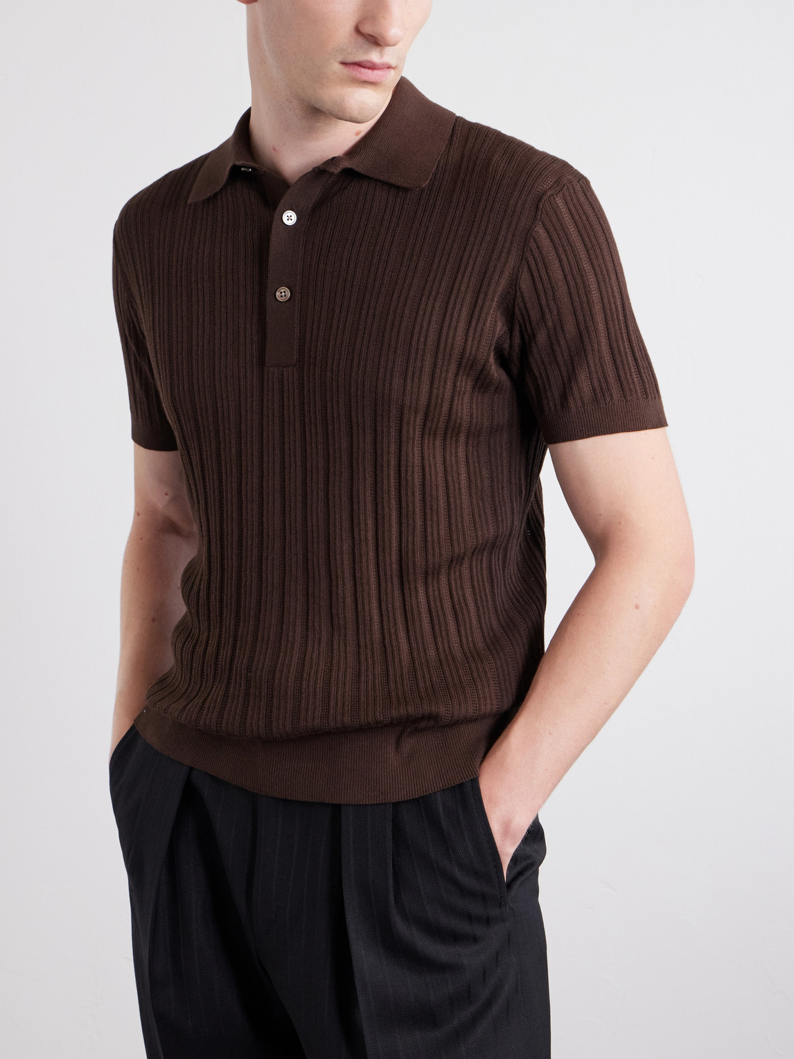 Tom Ford Ribbed Cotton and Silk-Blend Polo Shirt - Men | Thumbnail 3 Tom Ford Ribbed Cotton and Silk-Blend Polo Shirt - Men | Thumbnail 3