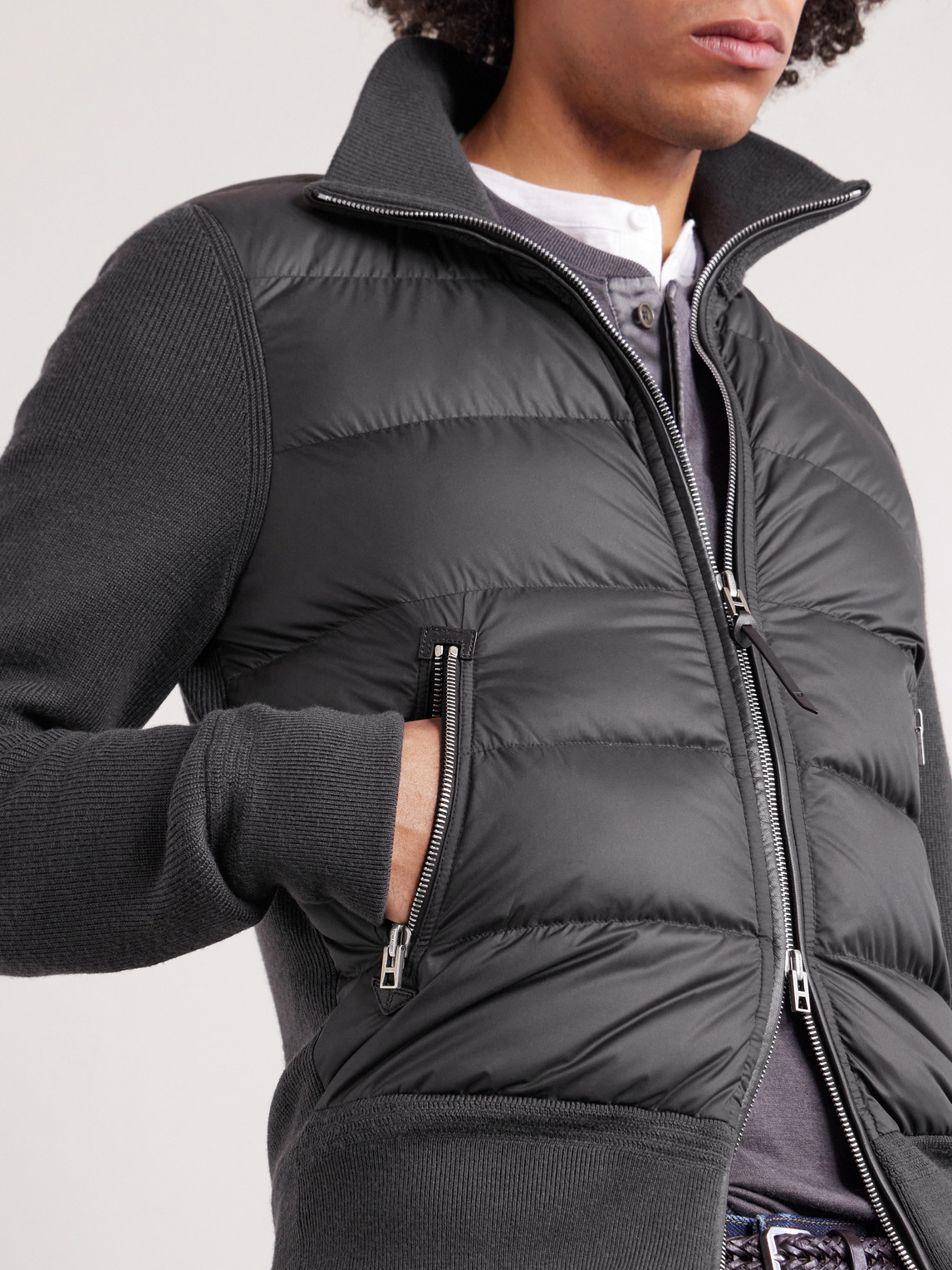 Slim-Fit Leather-Trimmed Quilted Shell And Wool Down Jacket