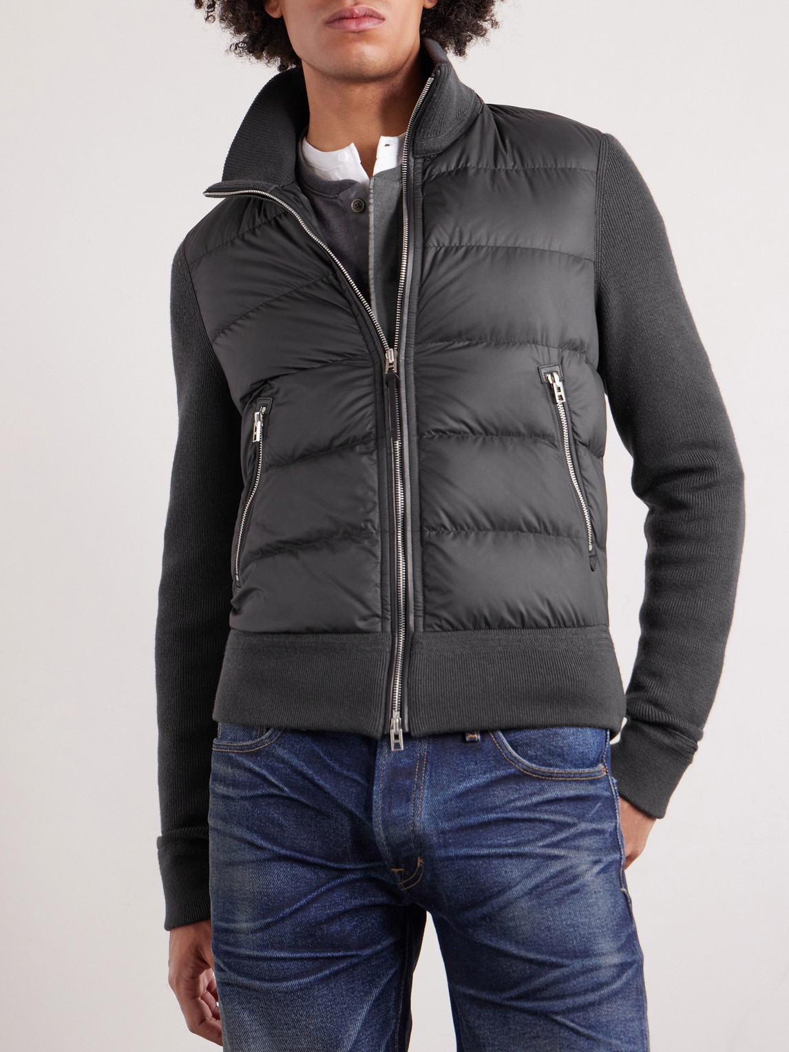 Slim-Fit Leather-Trimmed Quilted Shell And Wool Down Jacket