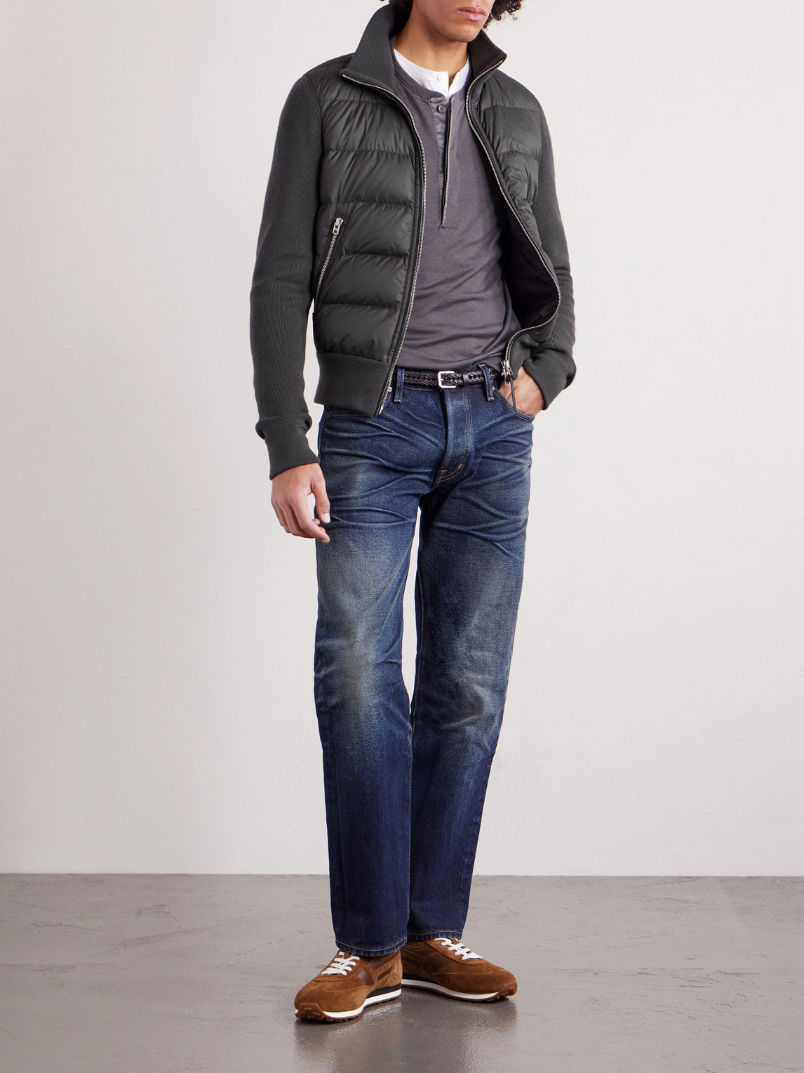 Slim-Fit Leather-Trimmed Quilted Shell And Wool Down Jacket