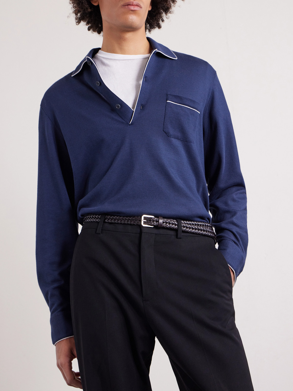 Piped Silk And Cotton-Blend Piqué Polo Shirt