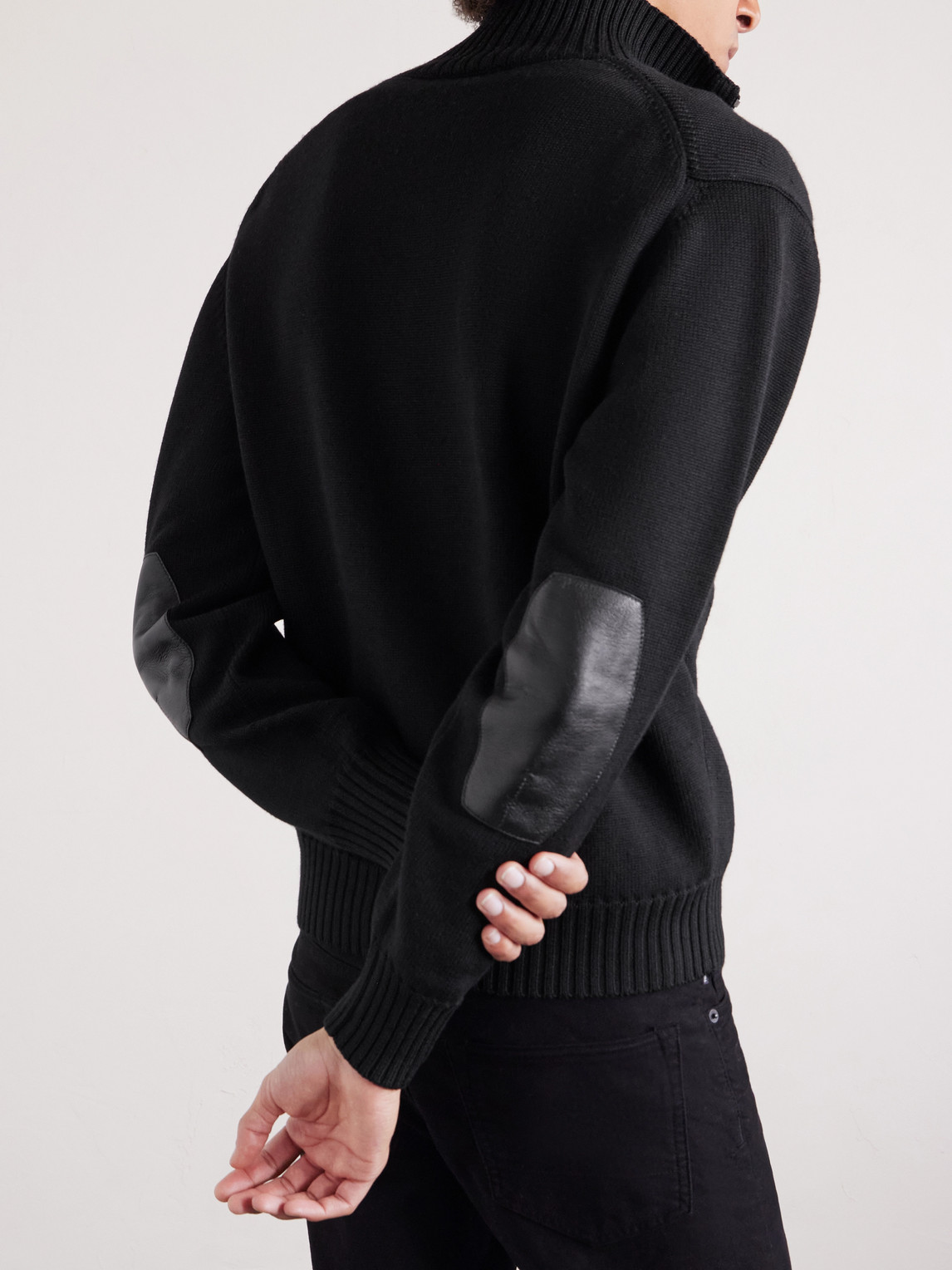 Leather-Trimmed Merino Wool Cardigan