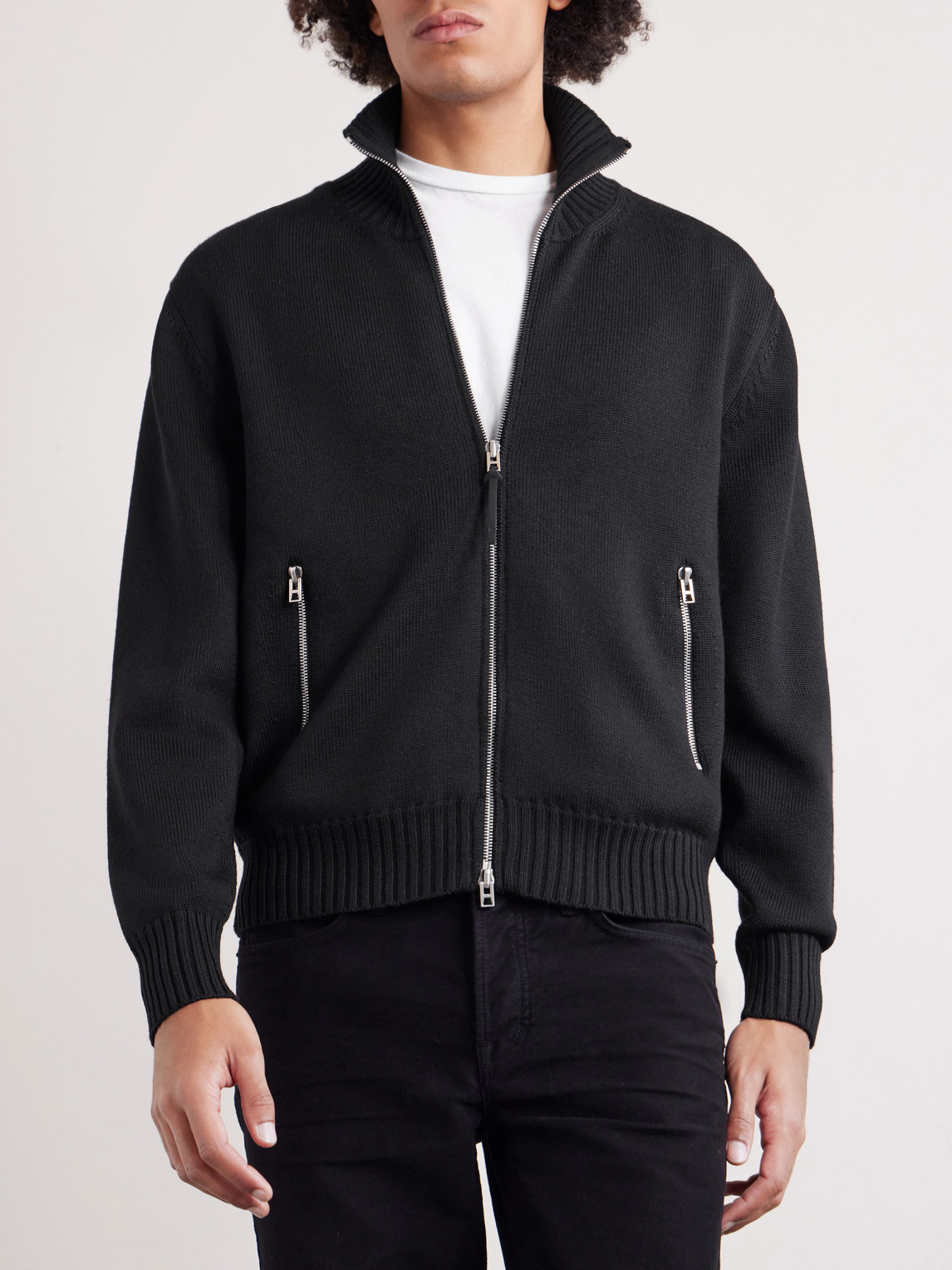 Leather-Trimmed Merino Wool Cardigan