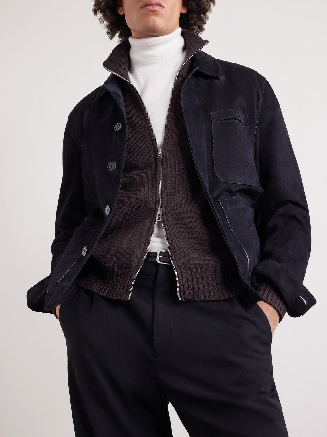 Leather-Trimmed Merino Wool Cardigan