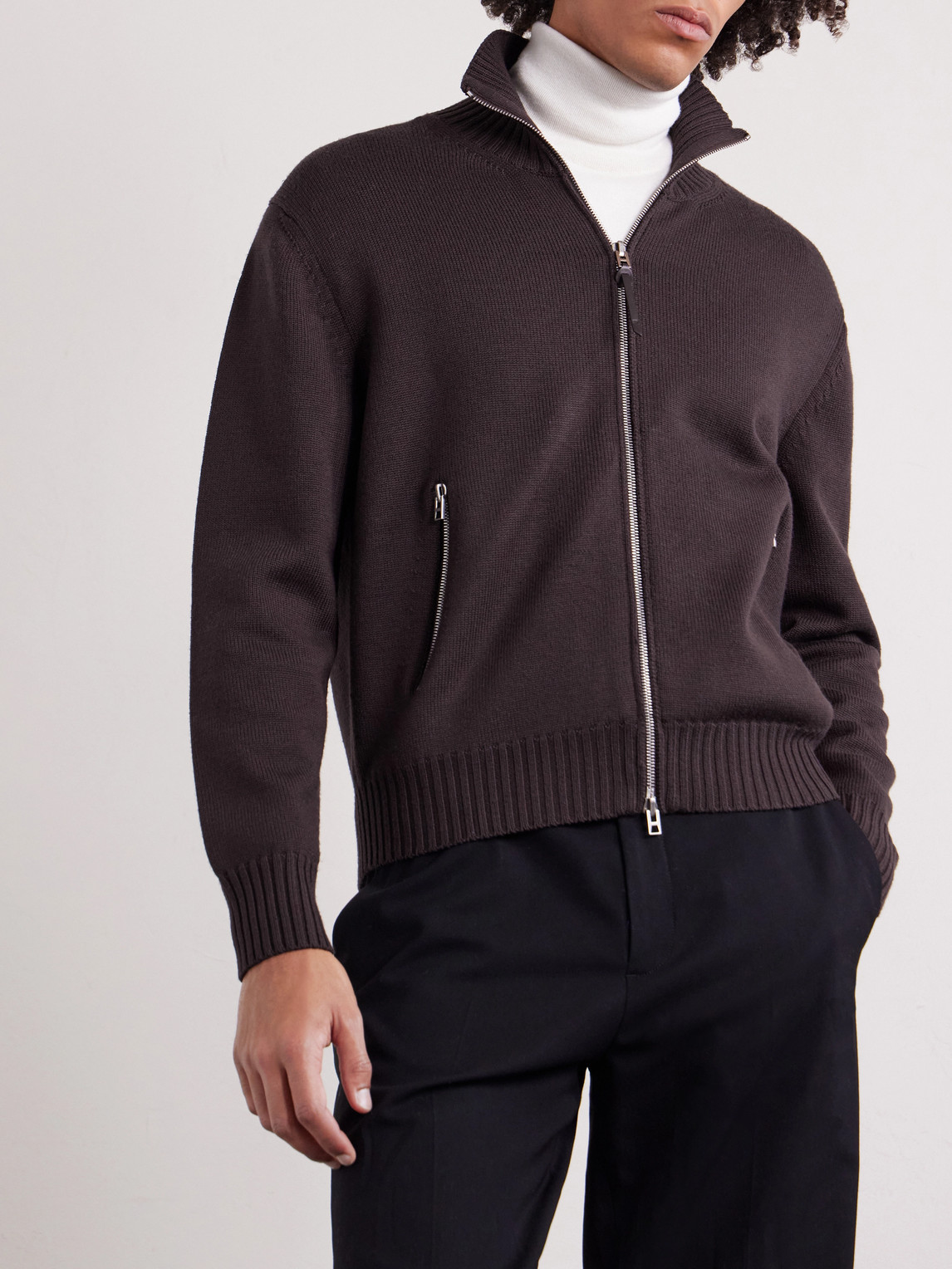 Leather-Trimmed Merino Wool Cardigan