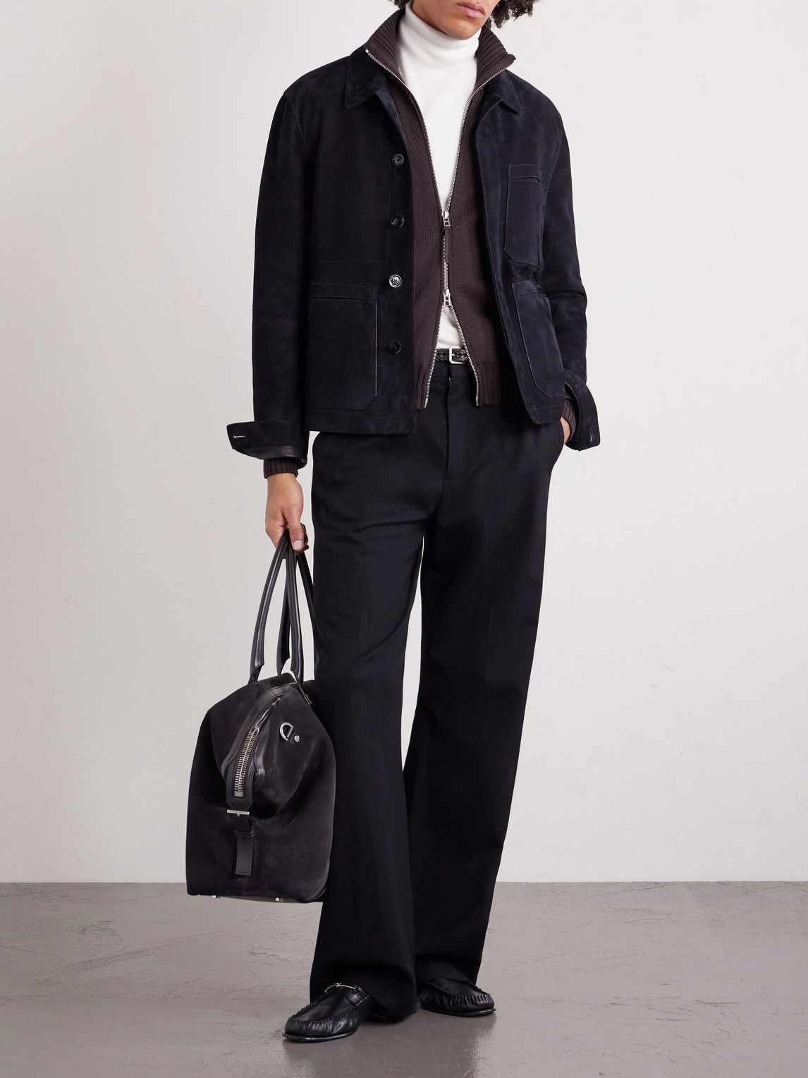 Leather-Trimmed Merino Wool Cardigan