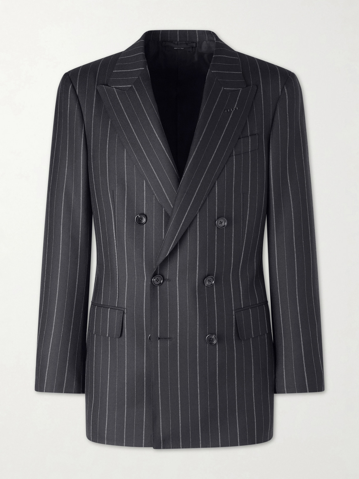 Tom Ford Atticus Slim-fit Double-breasted Striped Wool-twill Suit Jacket In Black