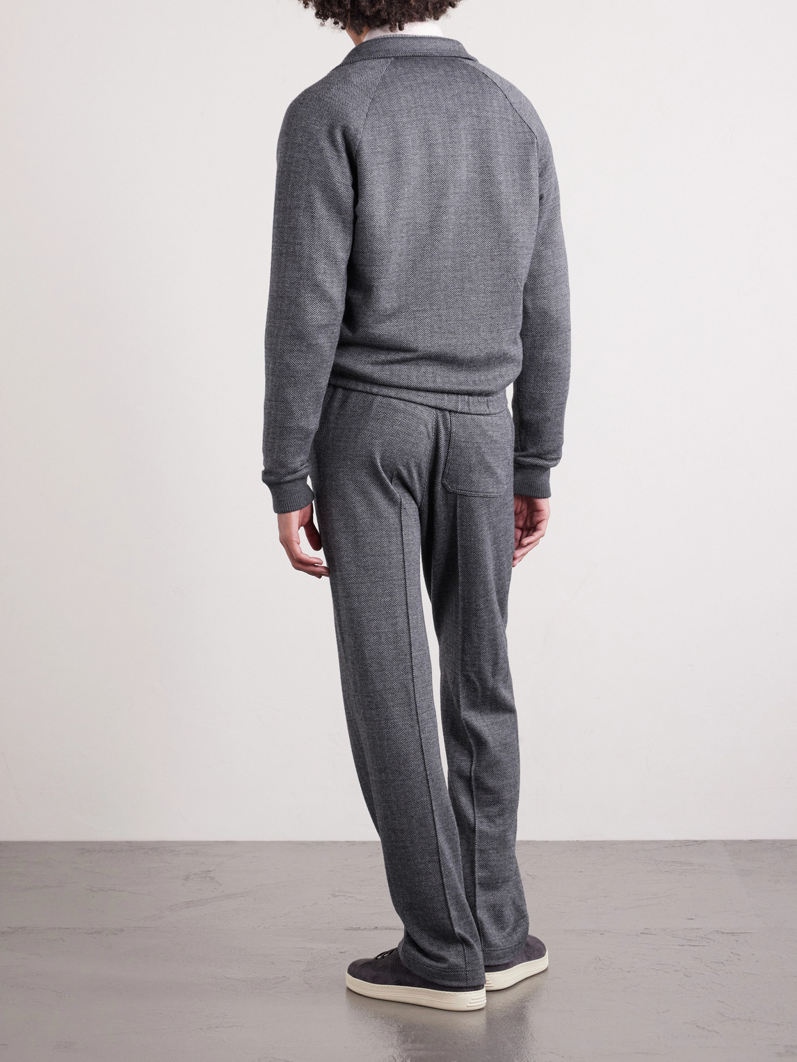 Straight-Leg Herringbone Cotton, Wool And Silk-Blend Drawstring Trousers