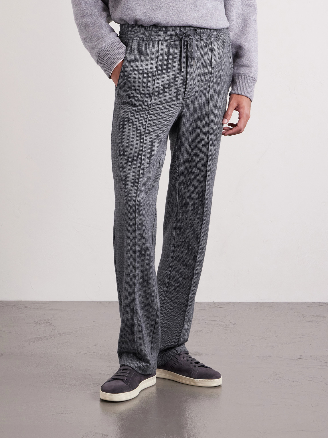 Straight-Leg Herringbone Cotton, Wool And Silk-Blend Drawstring Trousers