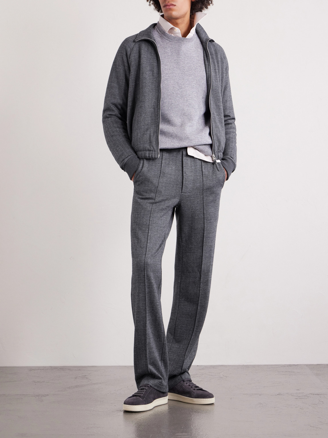 Straight-Leg Herringbone Cotton, Wool And Silk-Blend Drawstring Trousers
