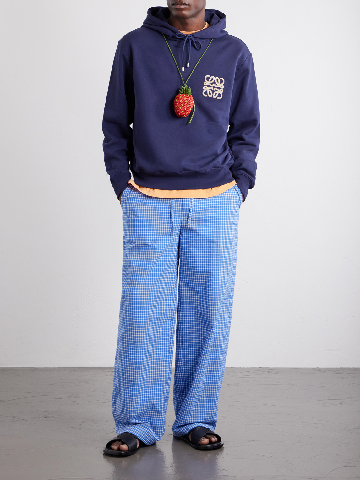 Paula'S Ibiza Straight-Leg Anagram-Embroidered Checked Cotton-Poplin Trousers