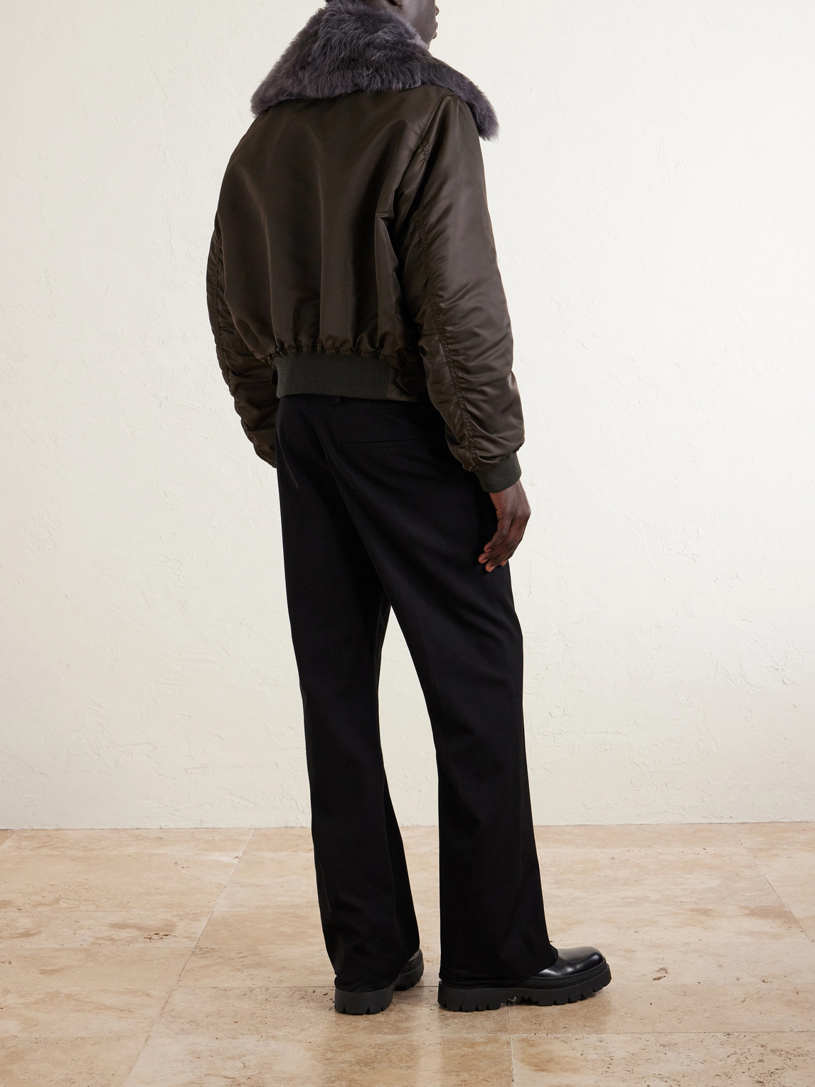 Padded Plush-Trimmed Satin Bomber Jacket