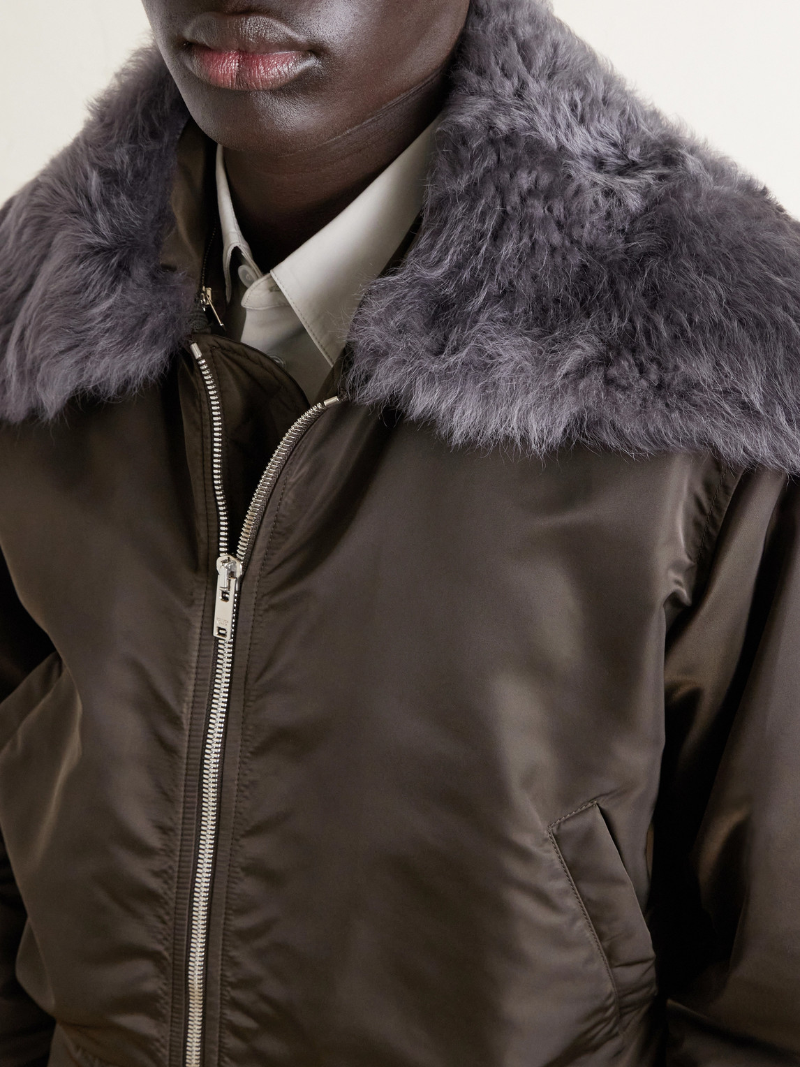 Padded Plush-Trimmed Satin Bomber Jacket