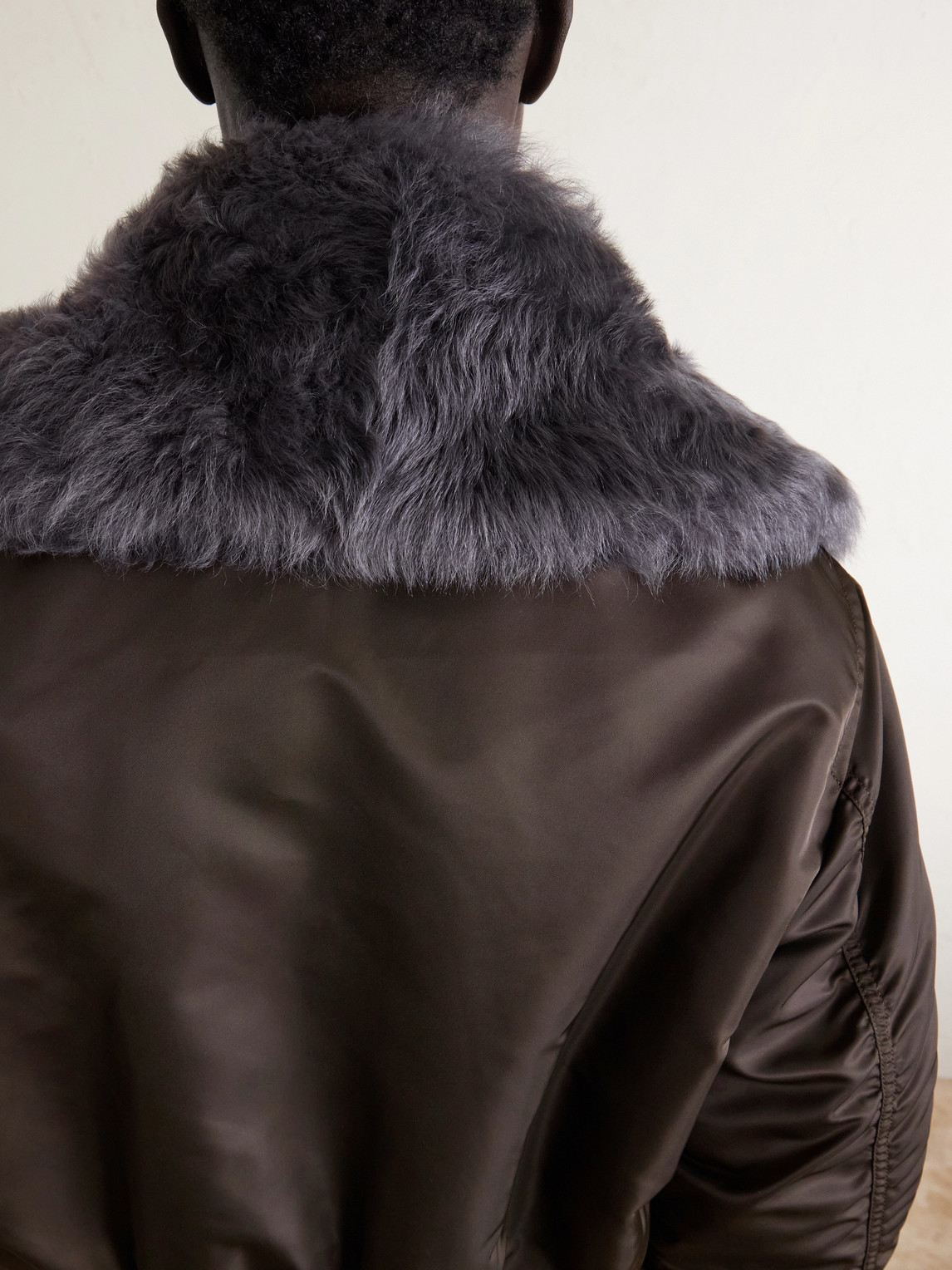 Padded Plush-Trimmed Satin Bomber Jacket