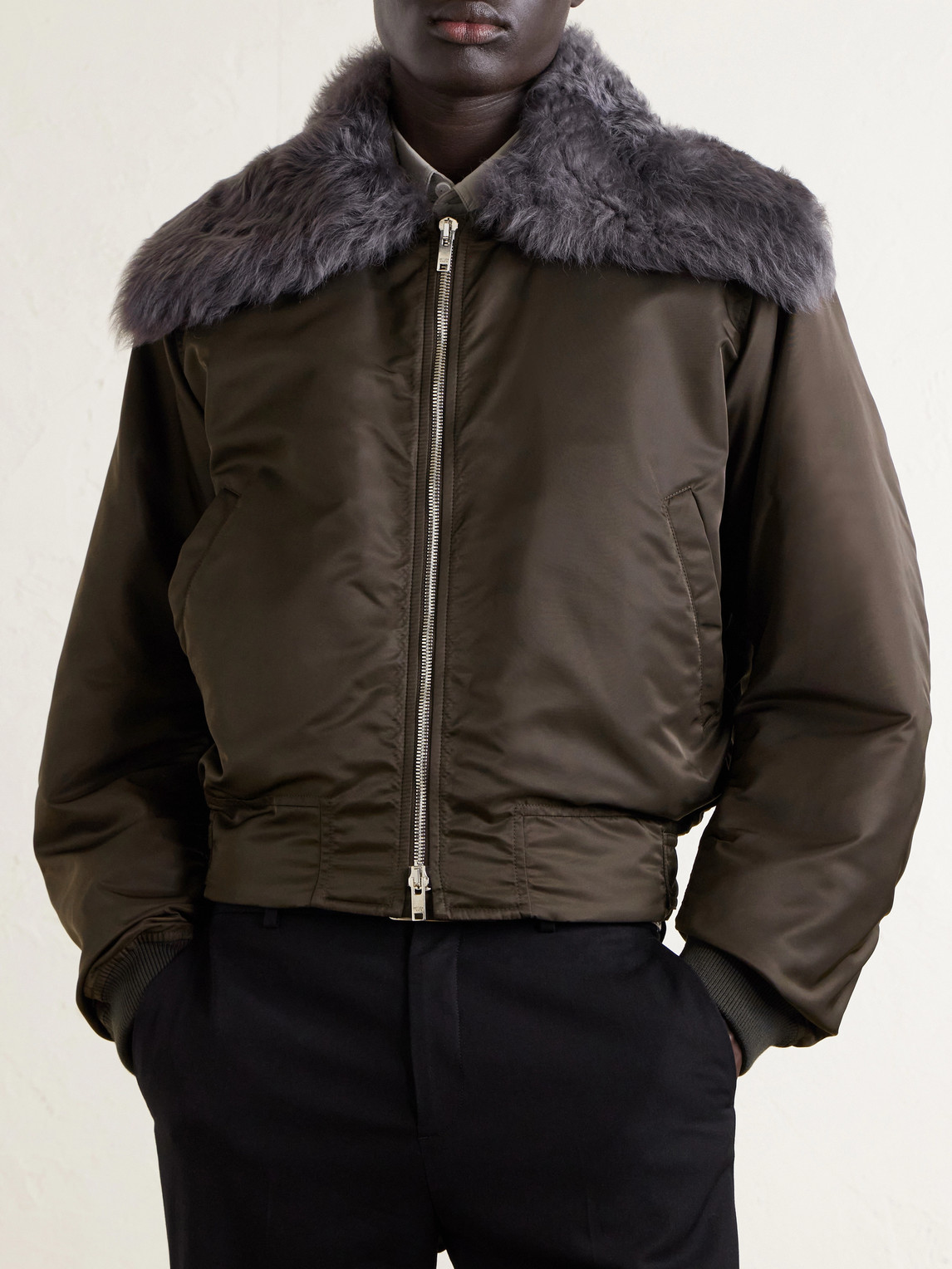 Padded Plush-Trimmed Satin Bomber Jacket